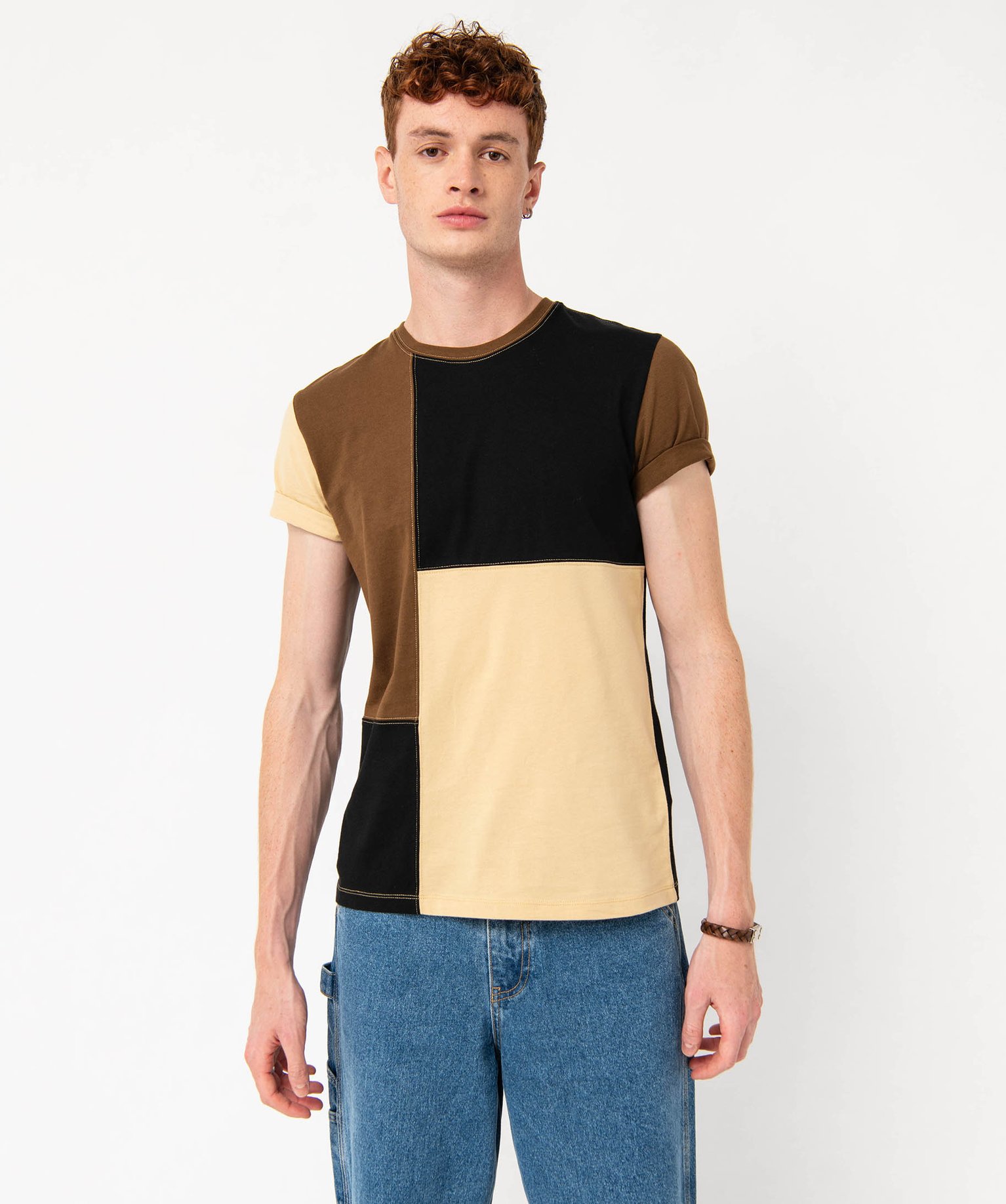 tee-shirt a manches courtes effet patchwork homme beige tee-shirts