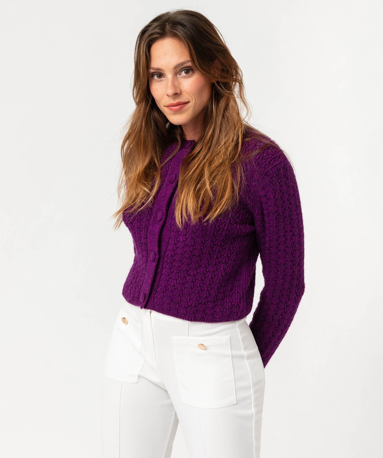 gilet court en maille ajouree femme violet pulls femme GEMO