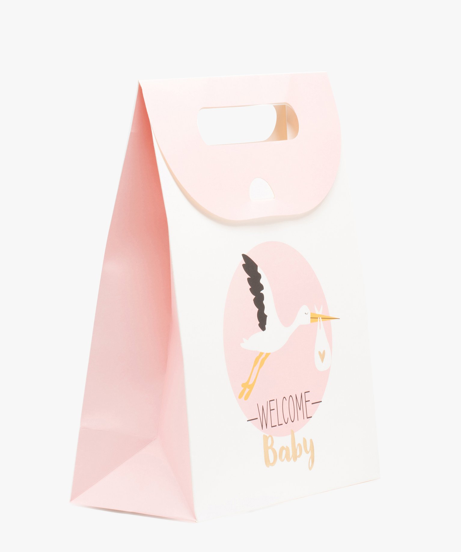 sac cadeau bebe fille avec motif cigogne en papier recycle rose