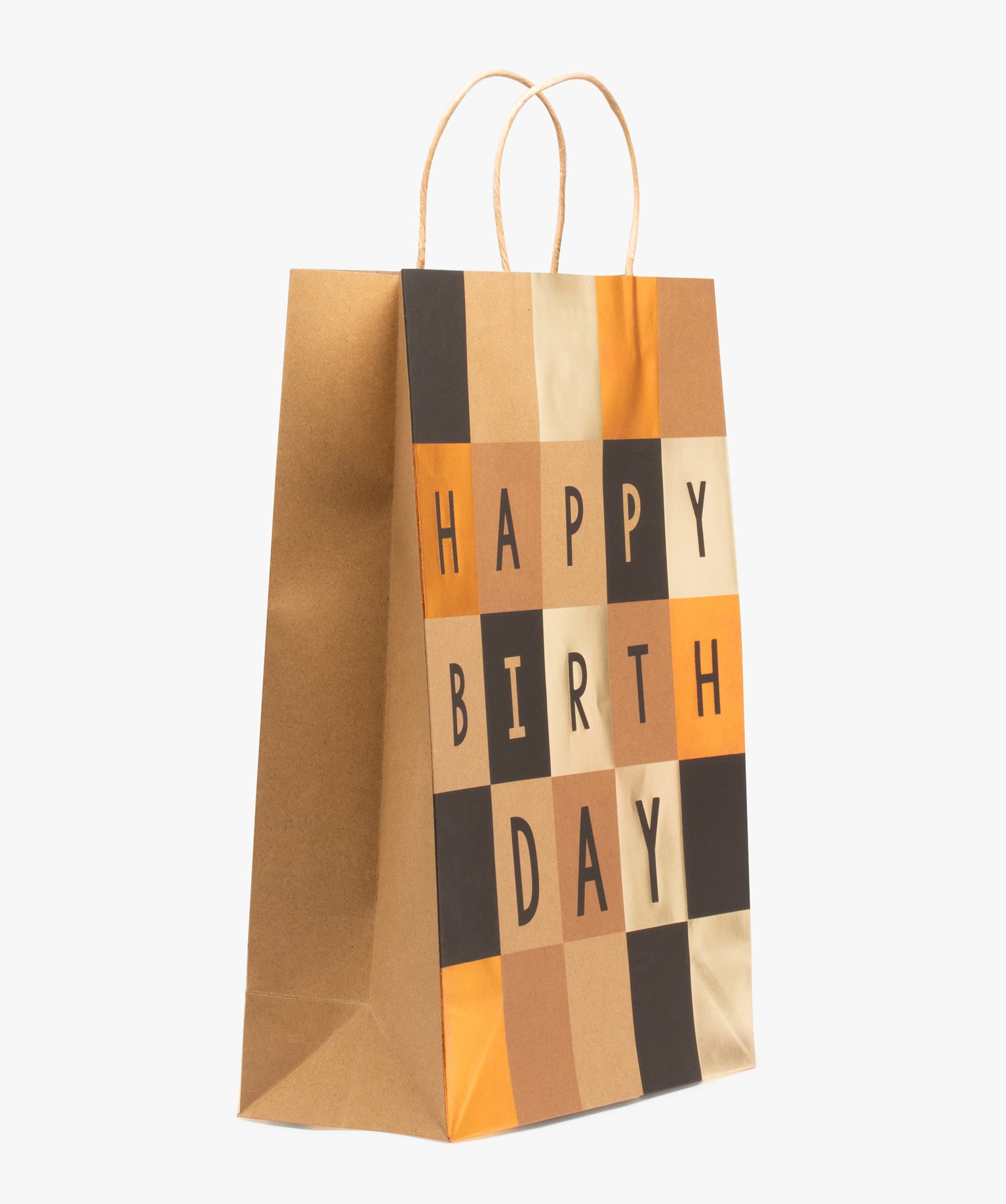 sac cadeau anniversaire en papier kraft effet damier multicolore