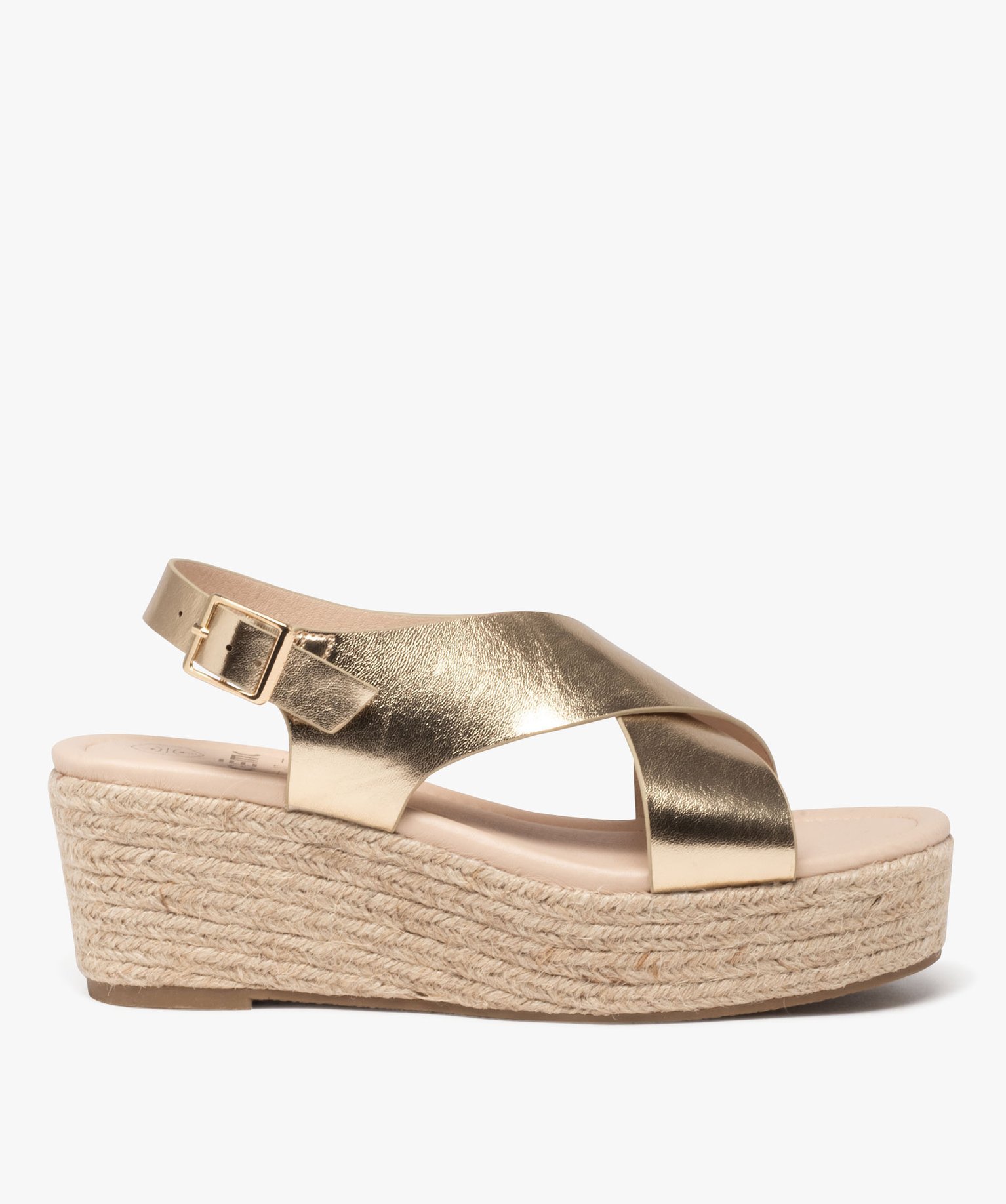 sandales femme a talon compense en corde et a larges brides metallisees dore sandales a talon femme GEMO