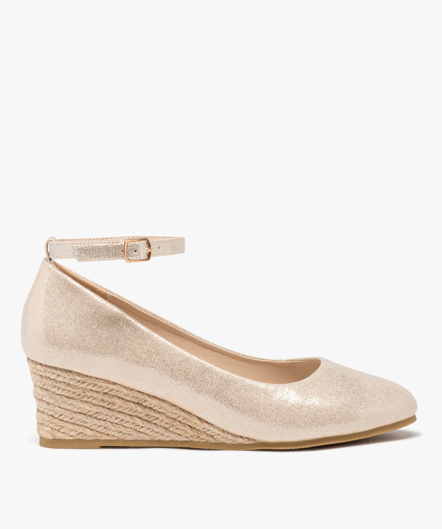 escarpins femme unis a paillettes et a semelle compensee en corde dore escarpins compenses femme GEMO