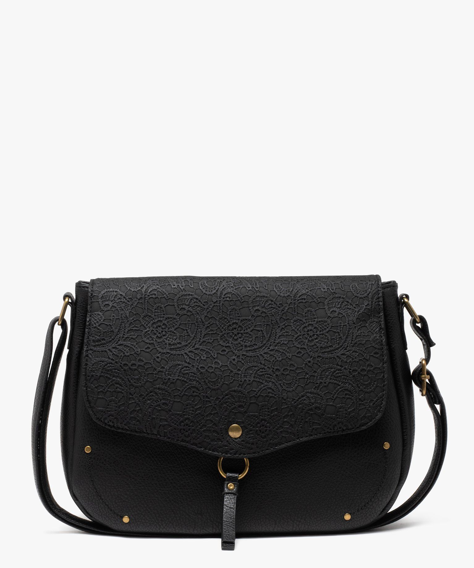 sac besace avec rabat fleuri facon dentelle femme noir standard