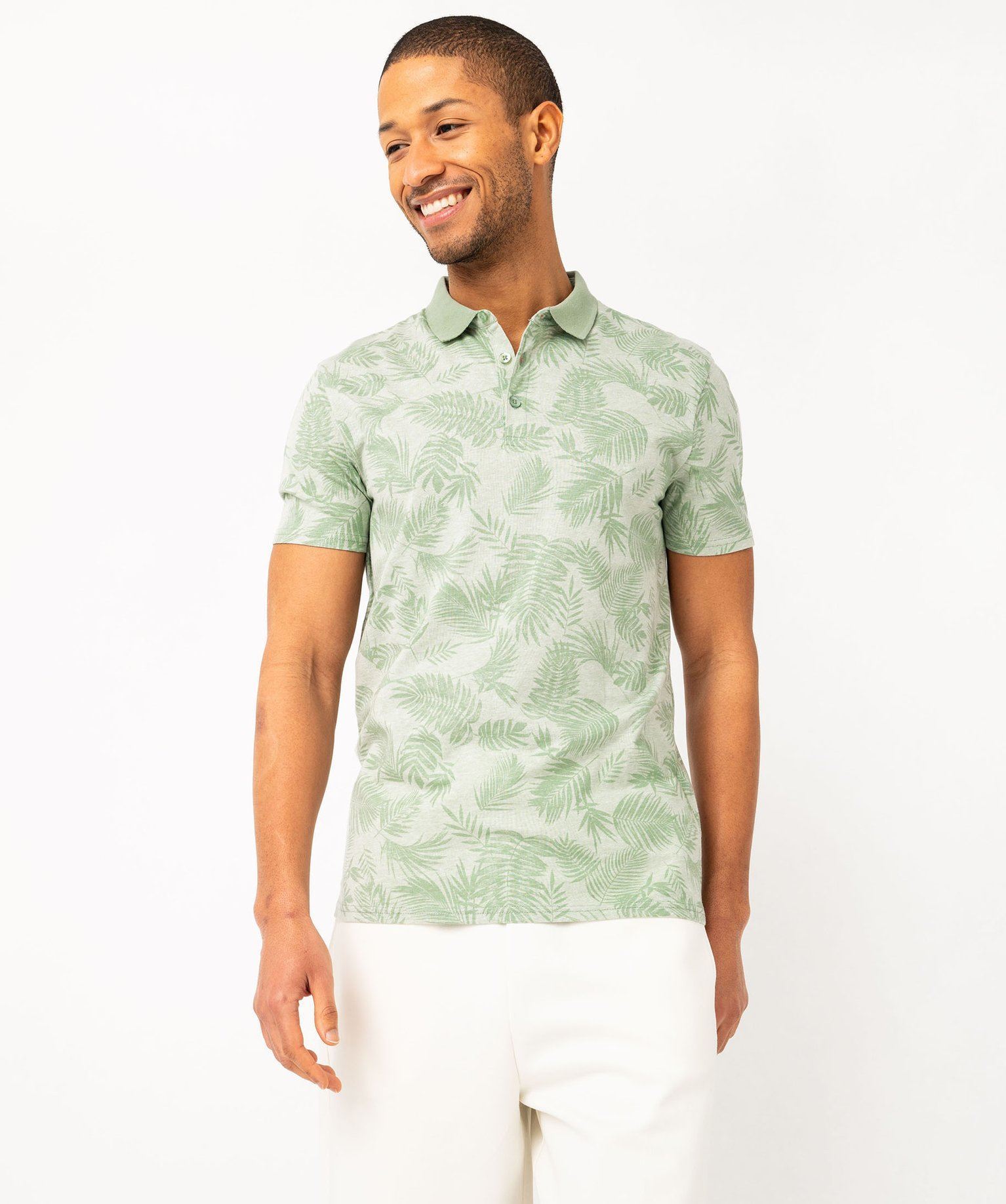 polo manches courtes a fines rayures et motif feuillage homme vert polos