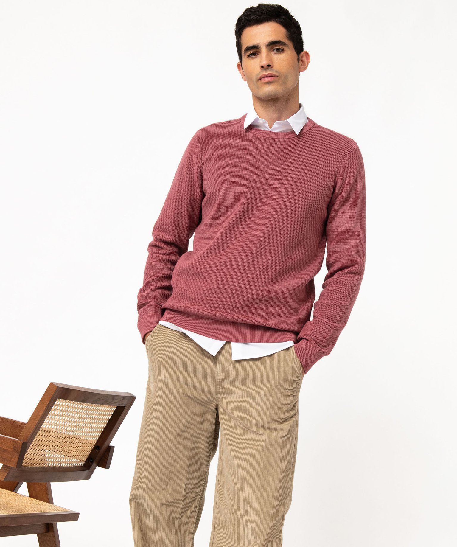 pull col rond en coton uni homme rose pulls