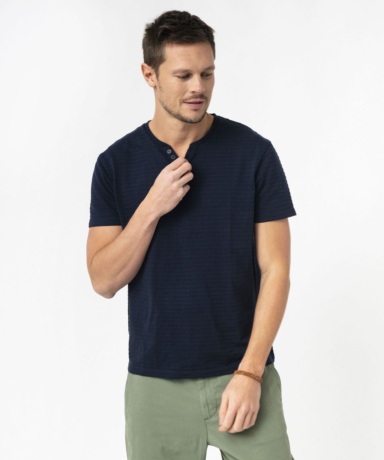 tee-shirt manches courtes col fantaisie a rayures jacquard homme bleu tee-shirts