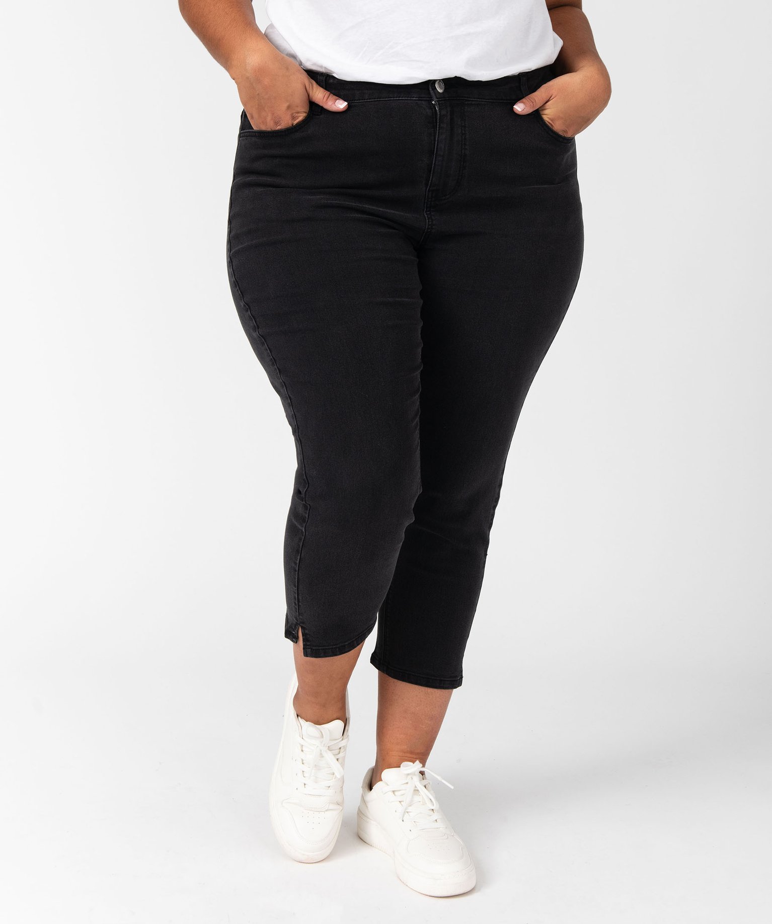 pantacourt en jean stretch coupe slim taille normale femme grande taille noir pantacourts