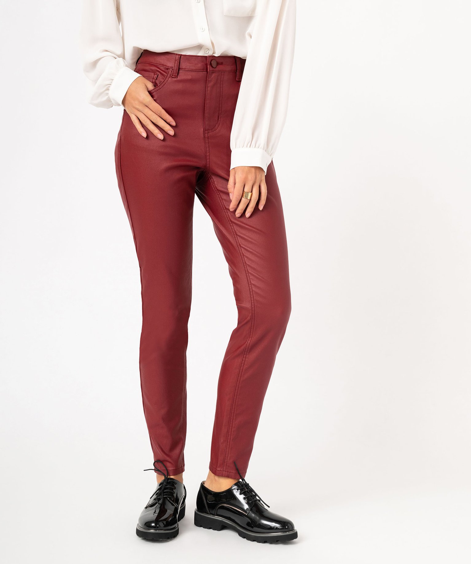 pantalon skinny enduit push-up taille haute rouge pantalons