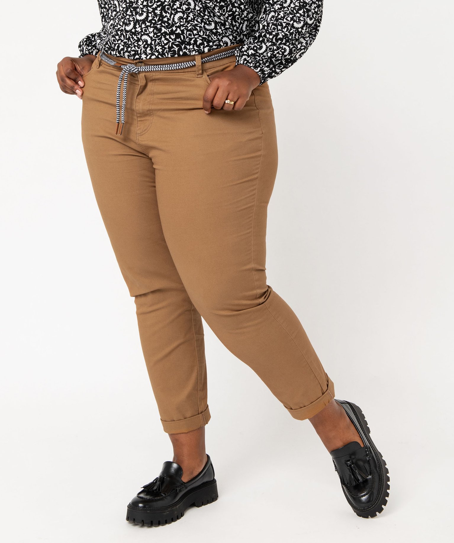 pantalon en toile avec ceinture en corde femme grande taille brun pantalons