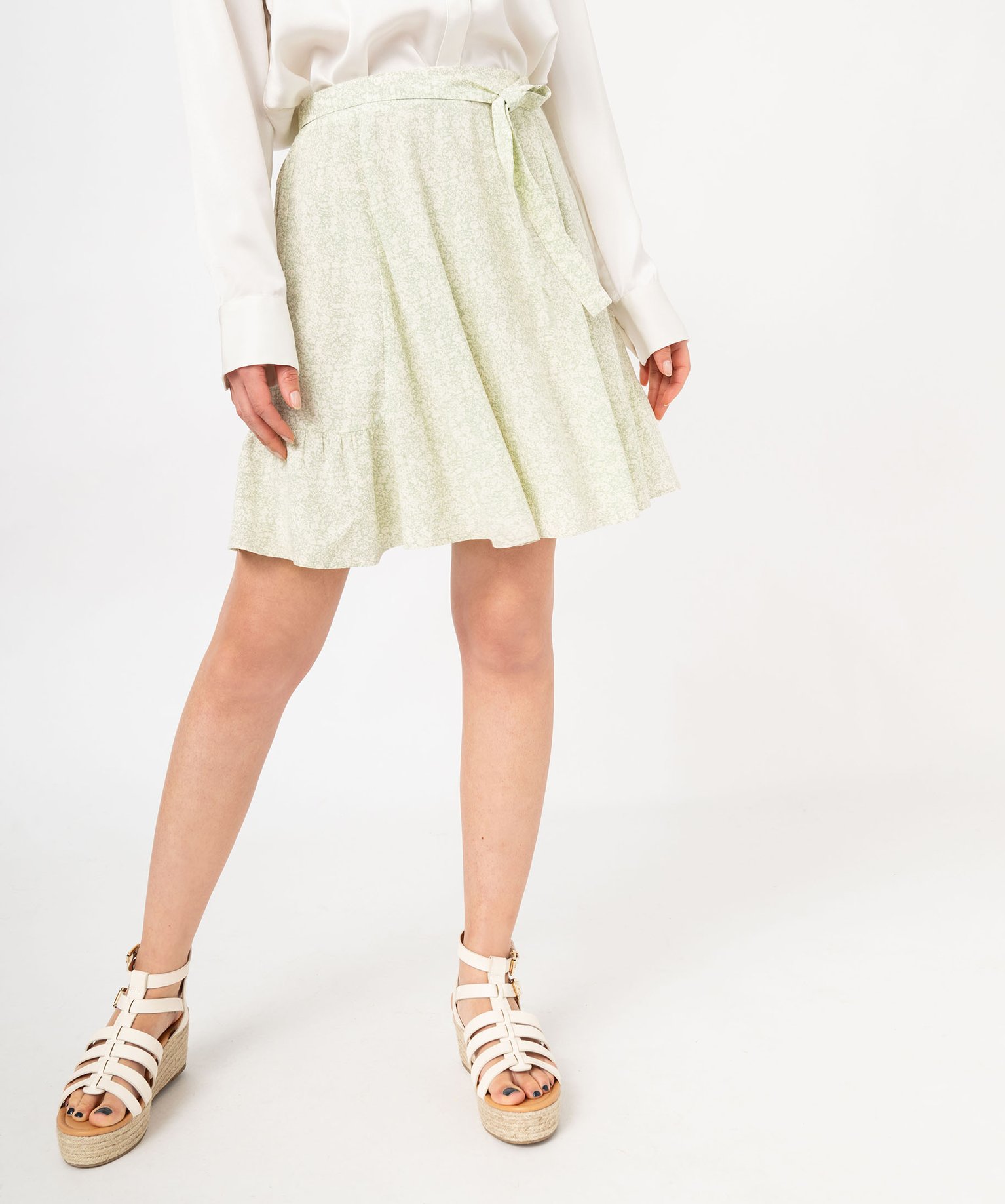 jupe trapeze fluide a motif fleuri et ceinture a nouer vert jupes femme GEMO