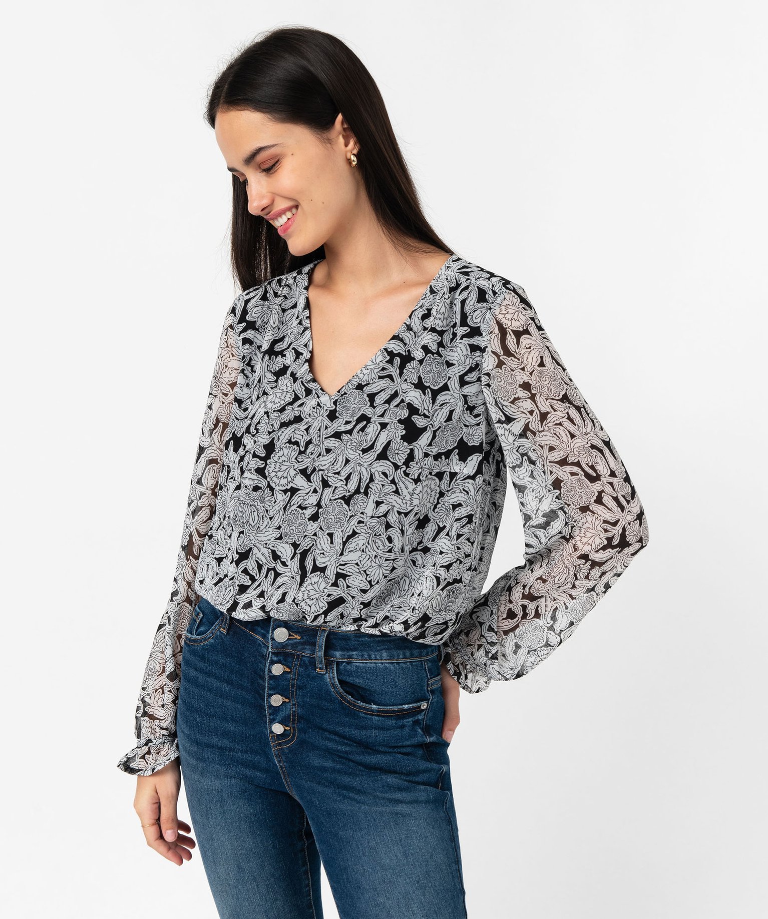 blouse a manches longues en voile a motifs fleuris femme noir blouses femme GEMO
