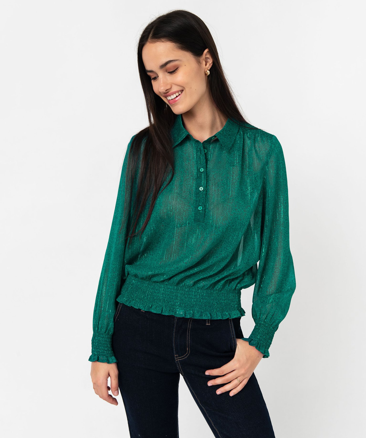 blouse a manches longues en voile avec fils scintillants femme vert blouses