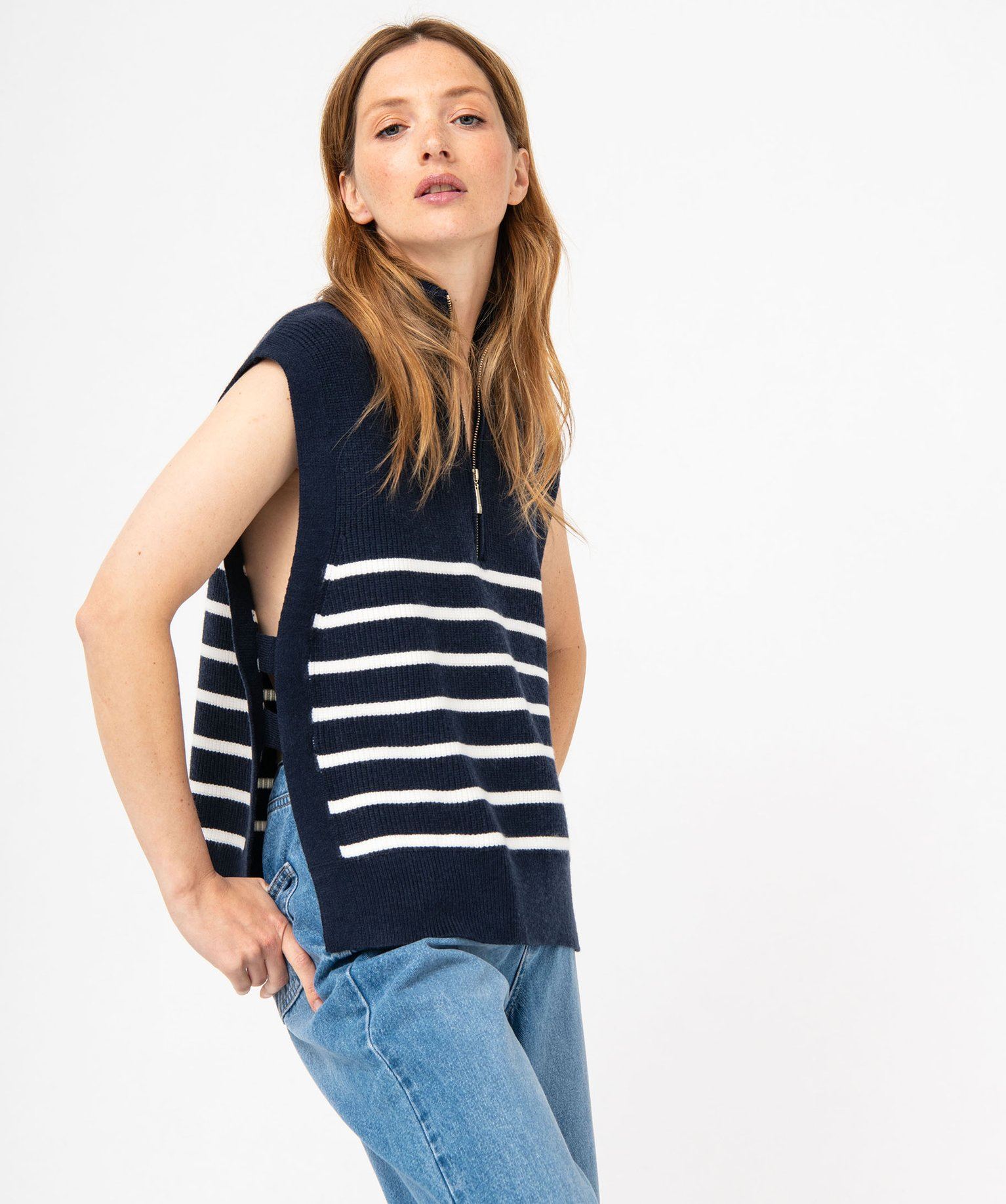 pull sans manches raye avec col zippe femme imprime pulls