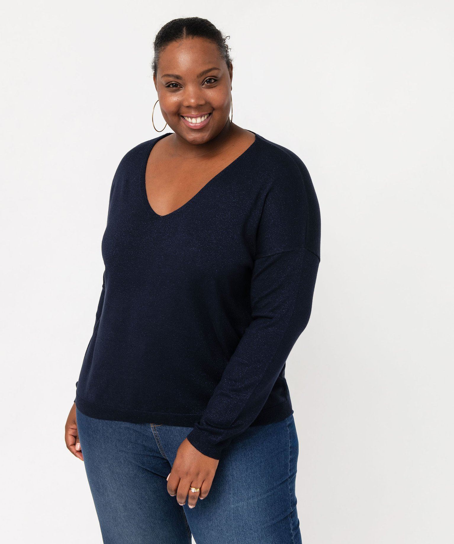 pull fin a col v en maille scintillante femme grande taille bleu pulls