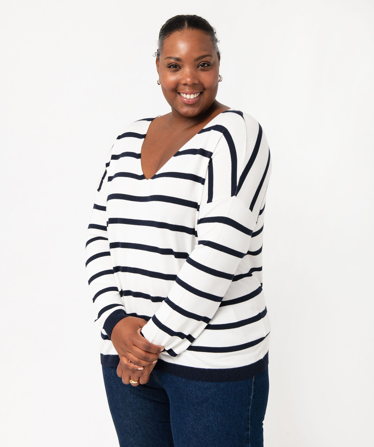 pull fin a col v raye femme grande taille blanc pulls