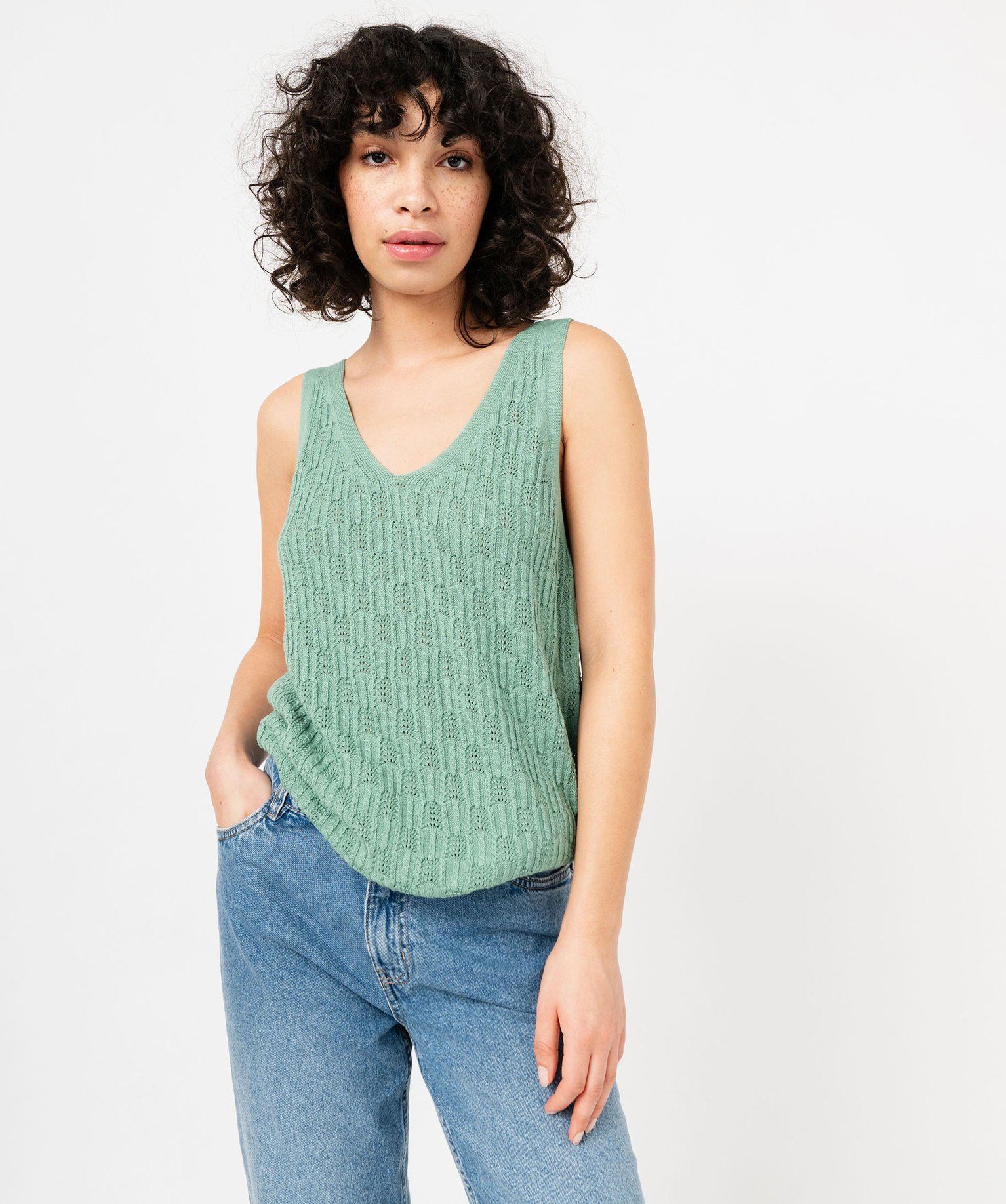 pull a bretelles en maille ajouree femme vert pulls