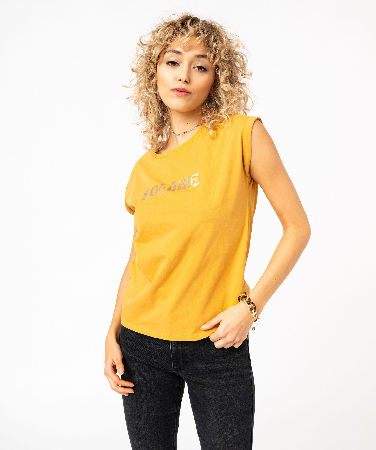 tee-shirt manches courtes imprime coupe loose femme jaune t-shirts manches courtes