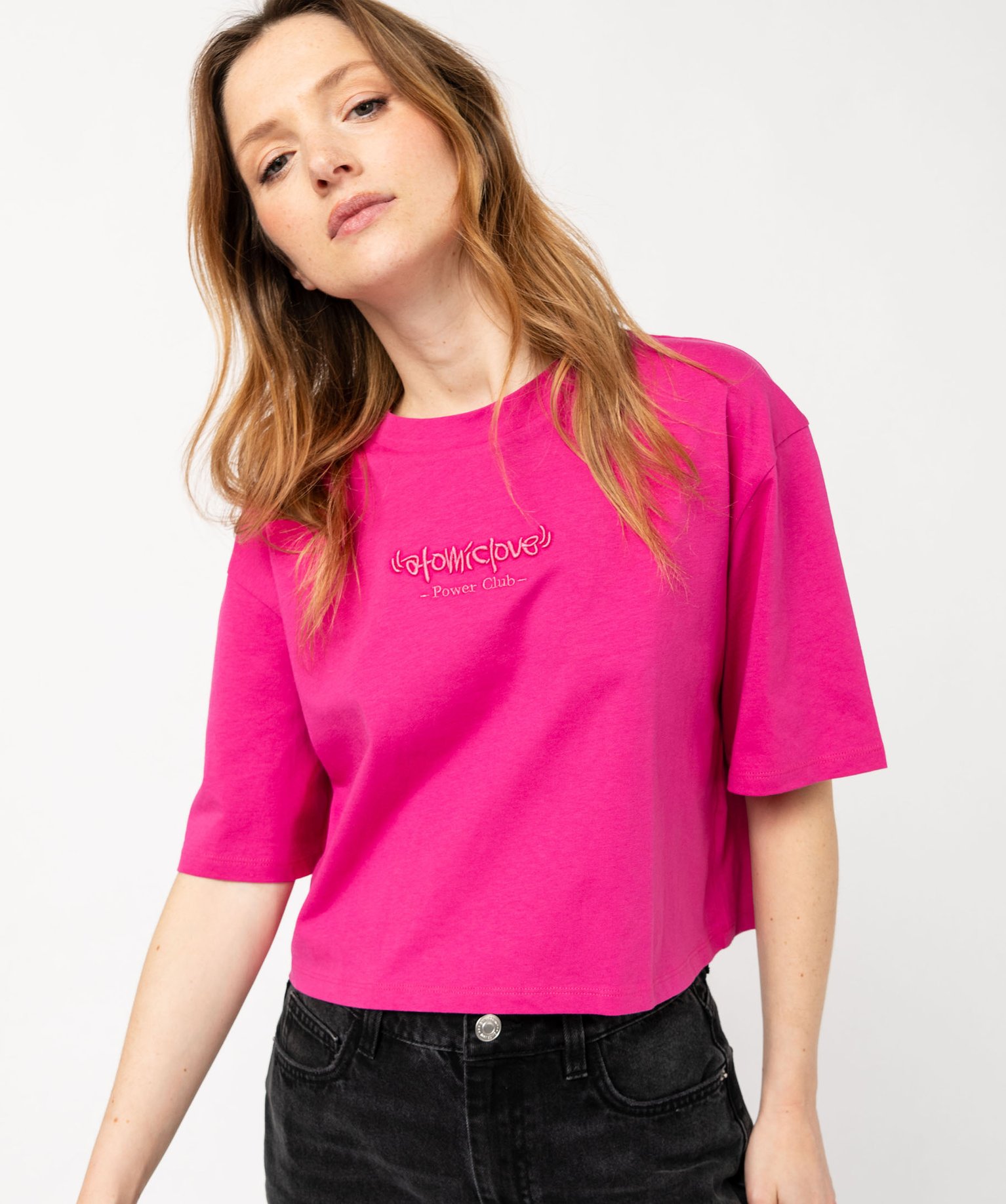 tee-shirt court a manches courtes avec message brode femme rose t-shirts manches courtes