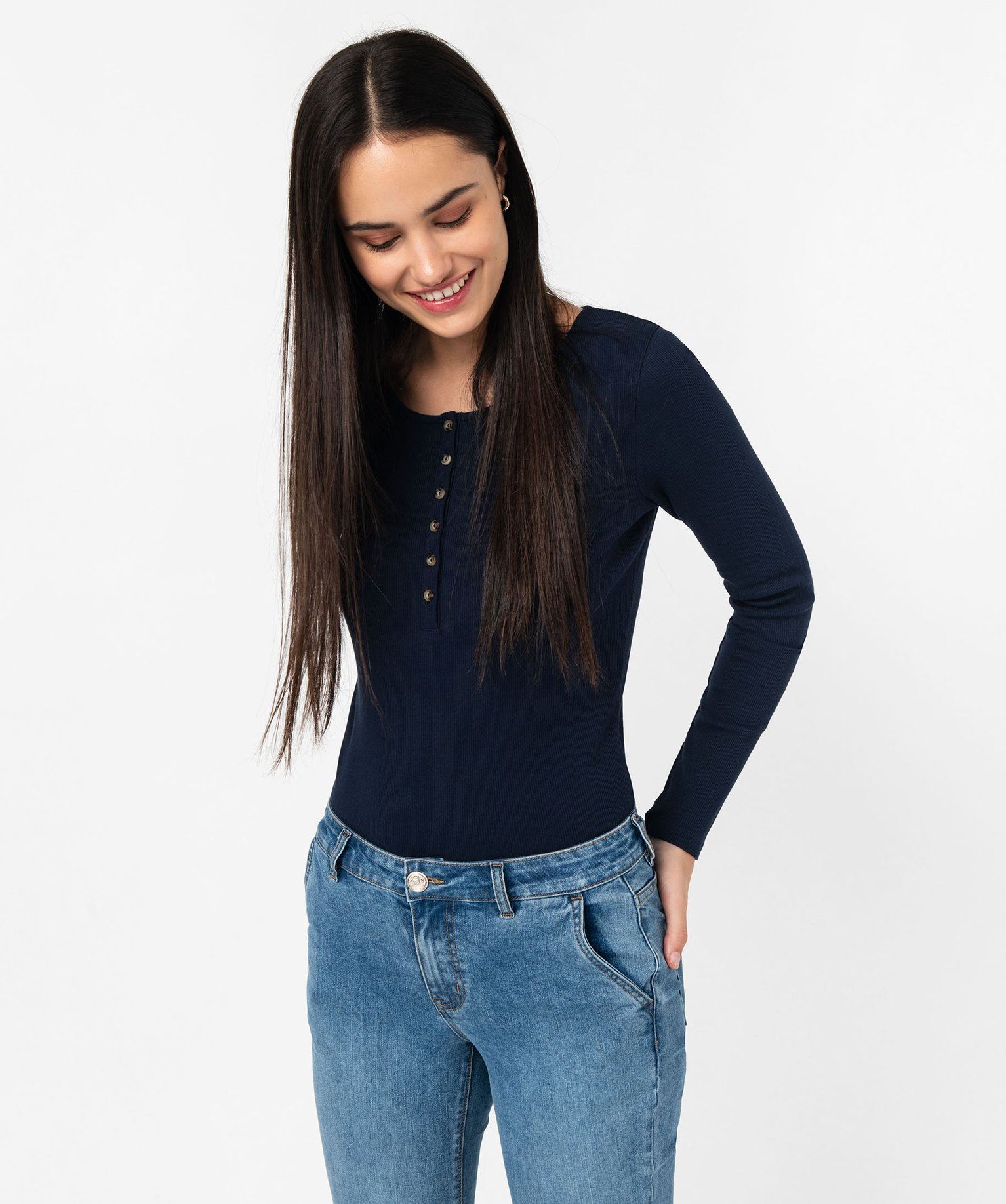 tee-shirt manches longues col tunisien en maille cotelee femme bleu t-shirts manches longues