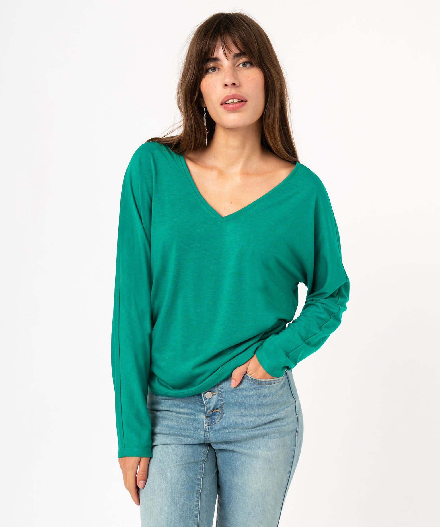tee-shirt a manches longues a double col v femme vert t-shirts manches longues