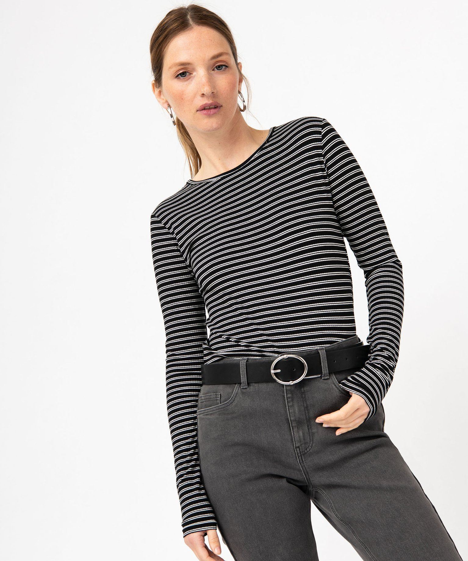 tee-shirt court a manches longues raye femme noir t-shirts manches longues