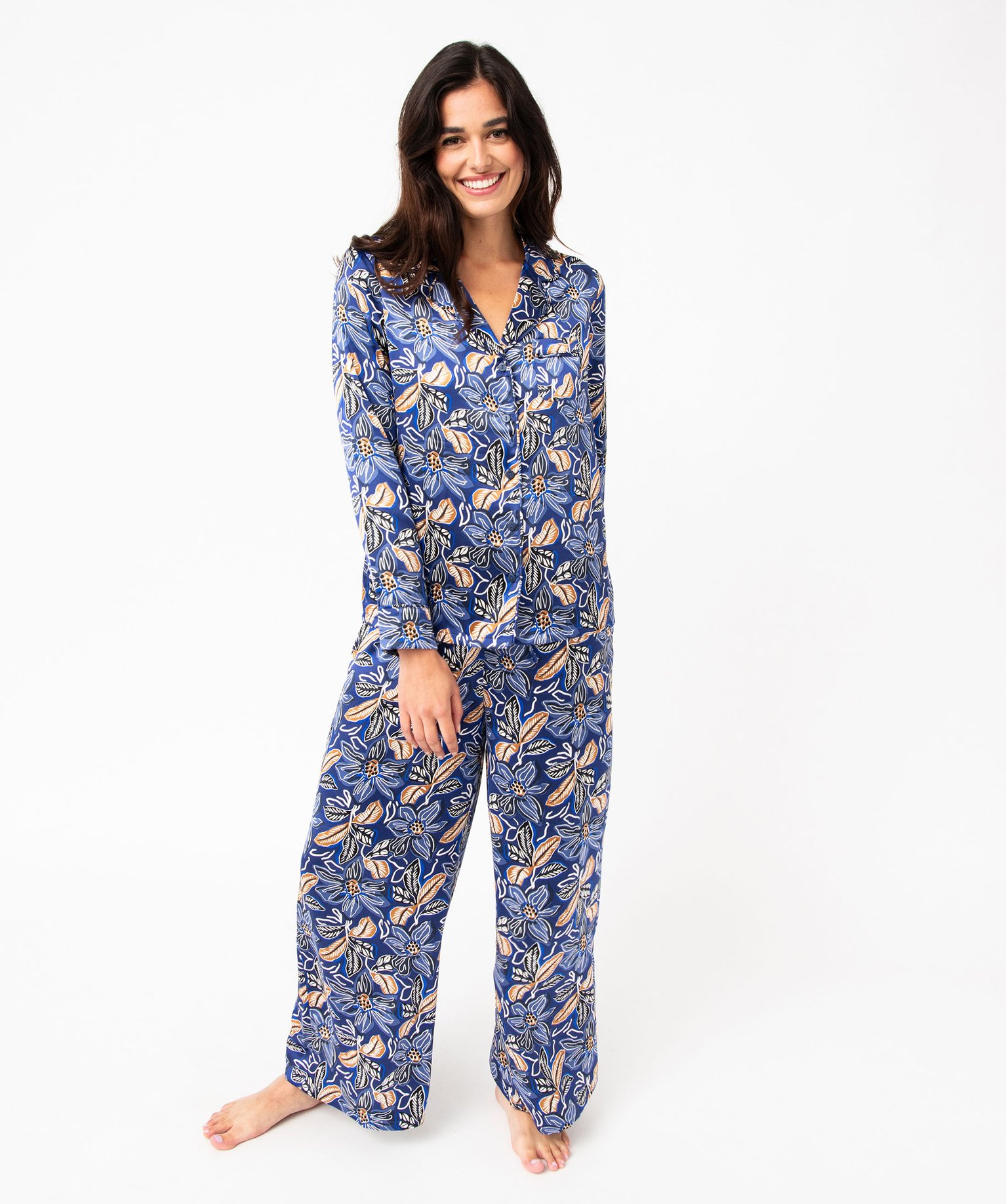 pyjama en satin femme   chemise et pantalon bleu pyjamas ensembles vestes