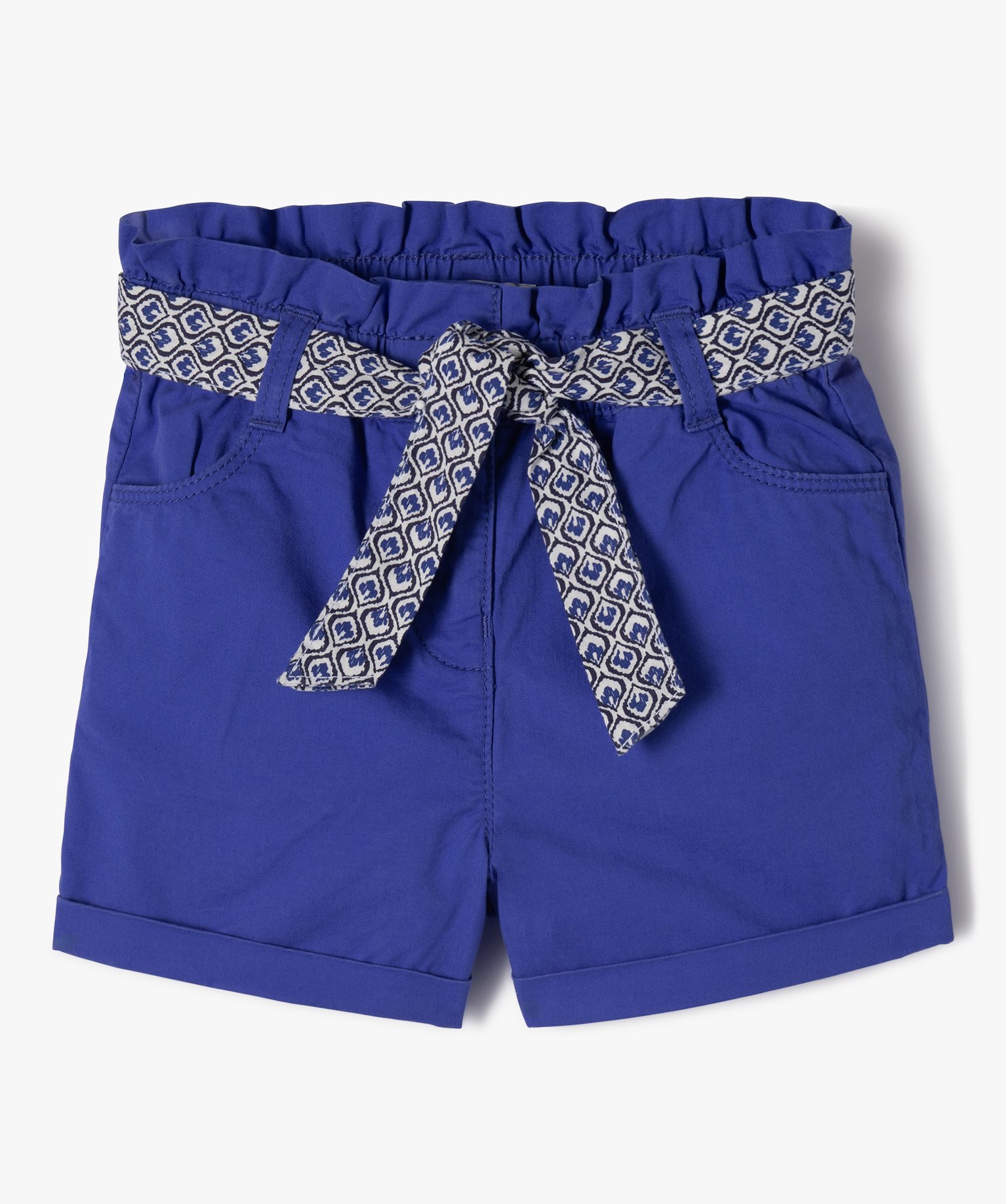 short en toile de coton taille haute avec ceinture a nouer fille bleu shorts fille GEMO