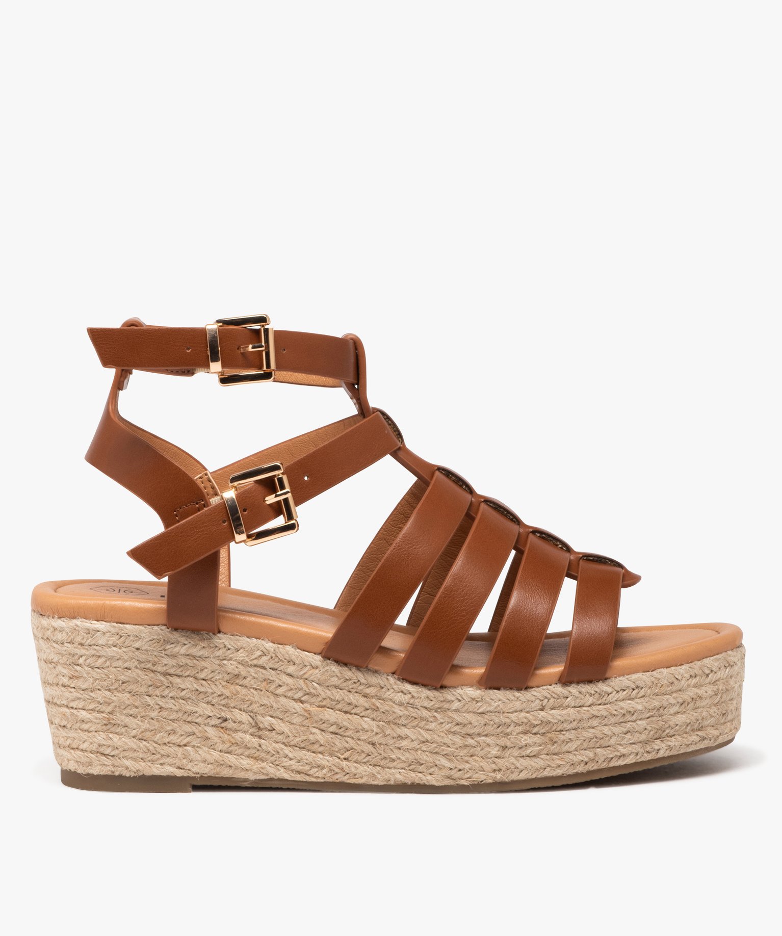 sandales femme a talon compense en corde avec multi brides montantes marron standard sandales a talon femme GEMO