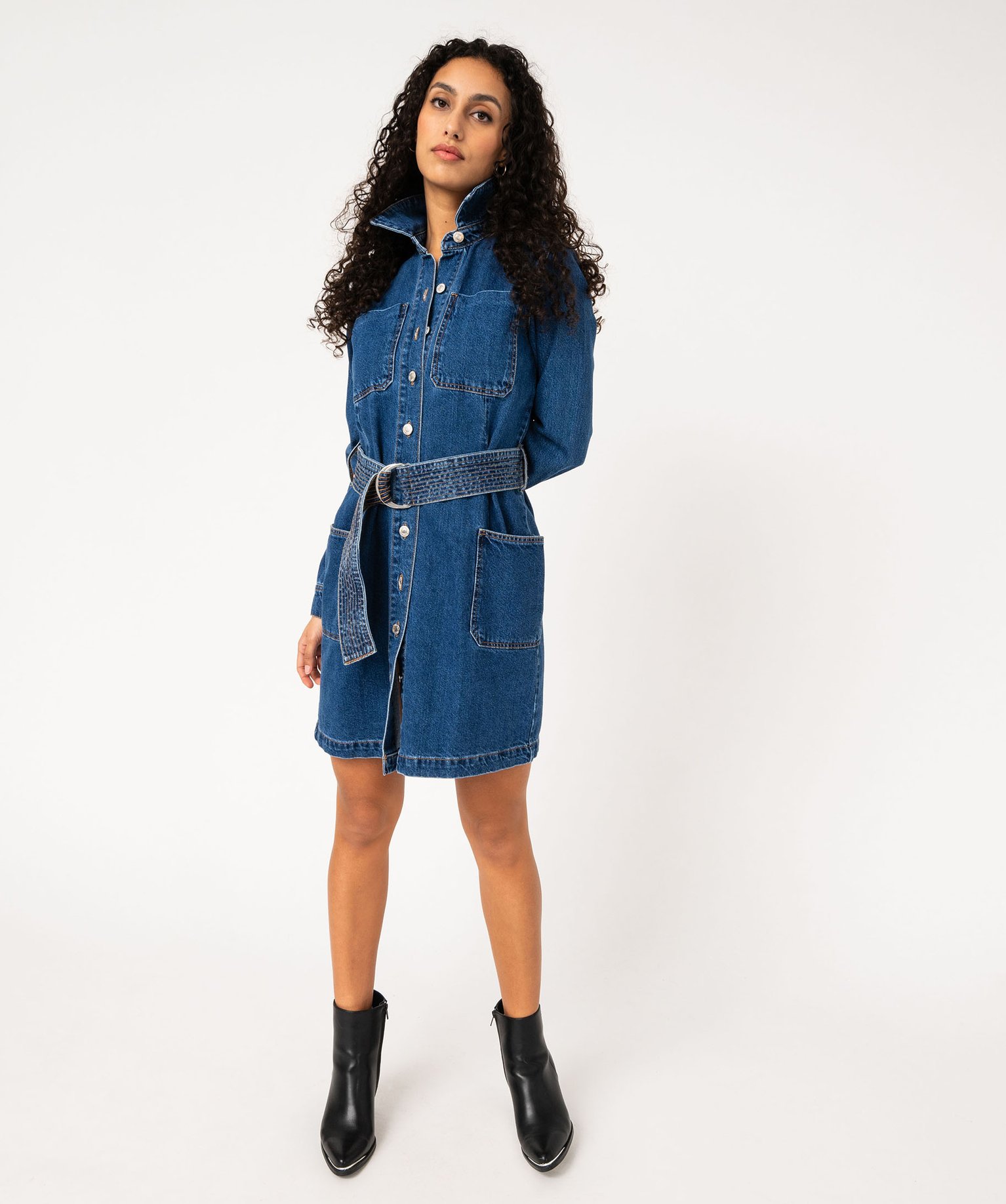 robe en jean a manches longues avec large ceinture femme bleu robes femme GEMO