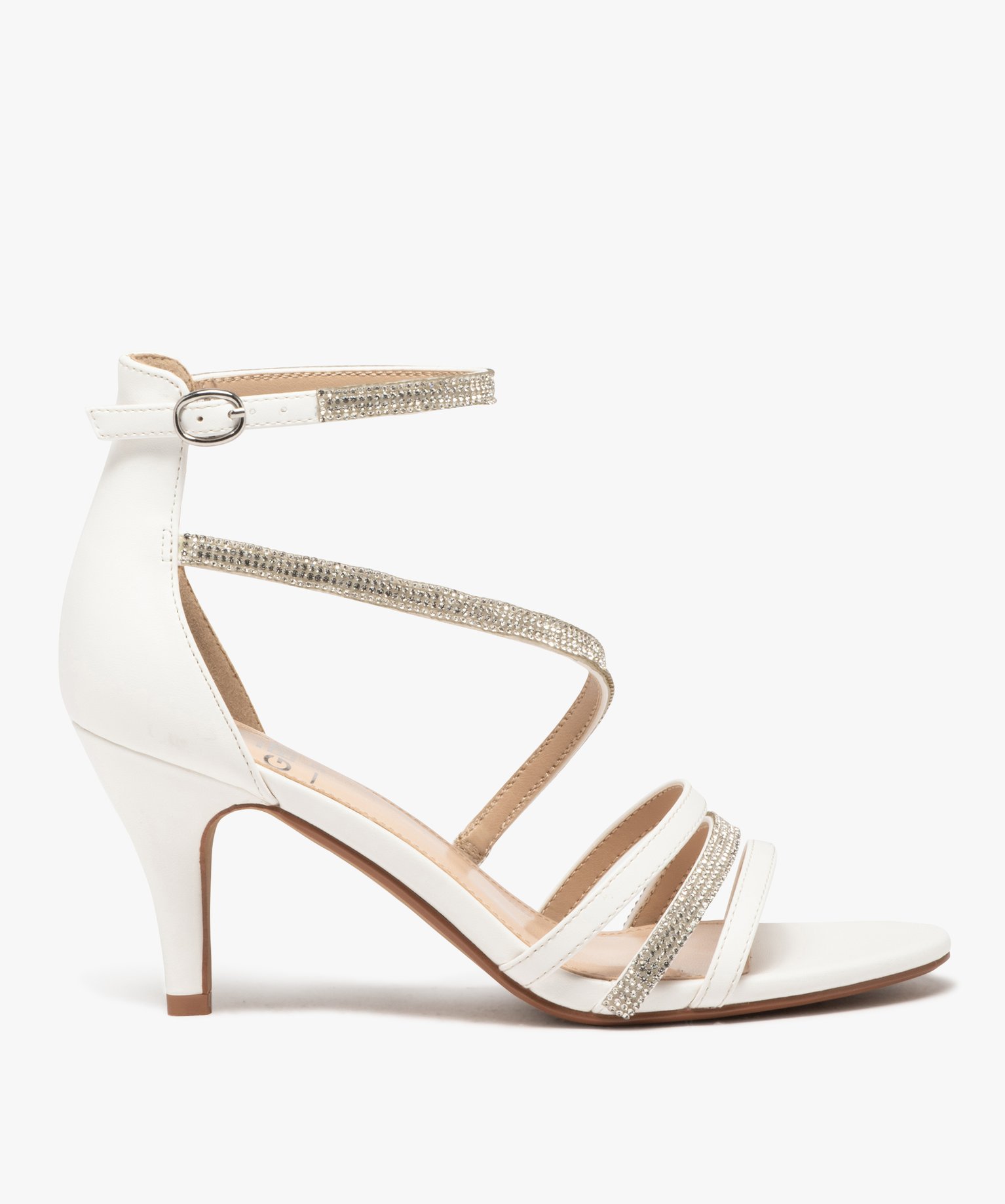 sandales femme a talon fin a fines brides unies et strass blanc standard sandales a talon femme GEMO