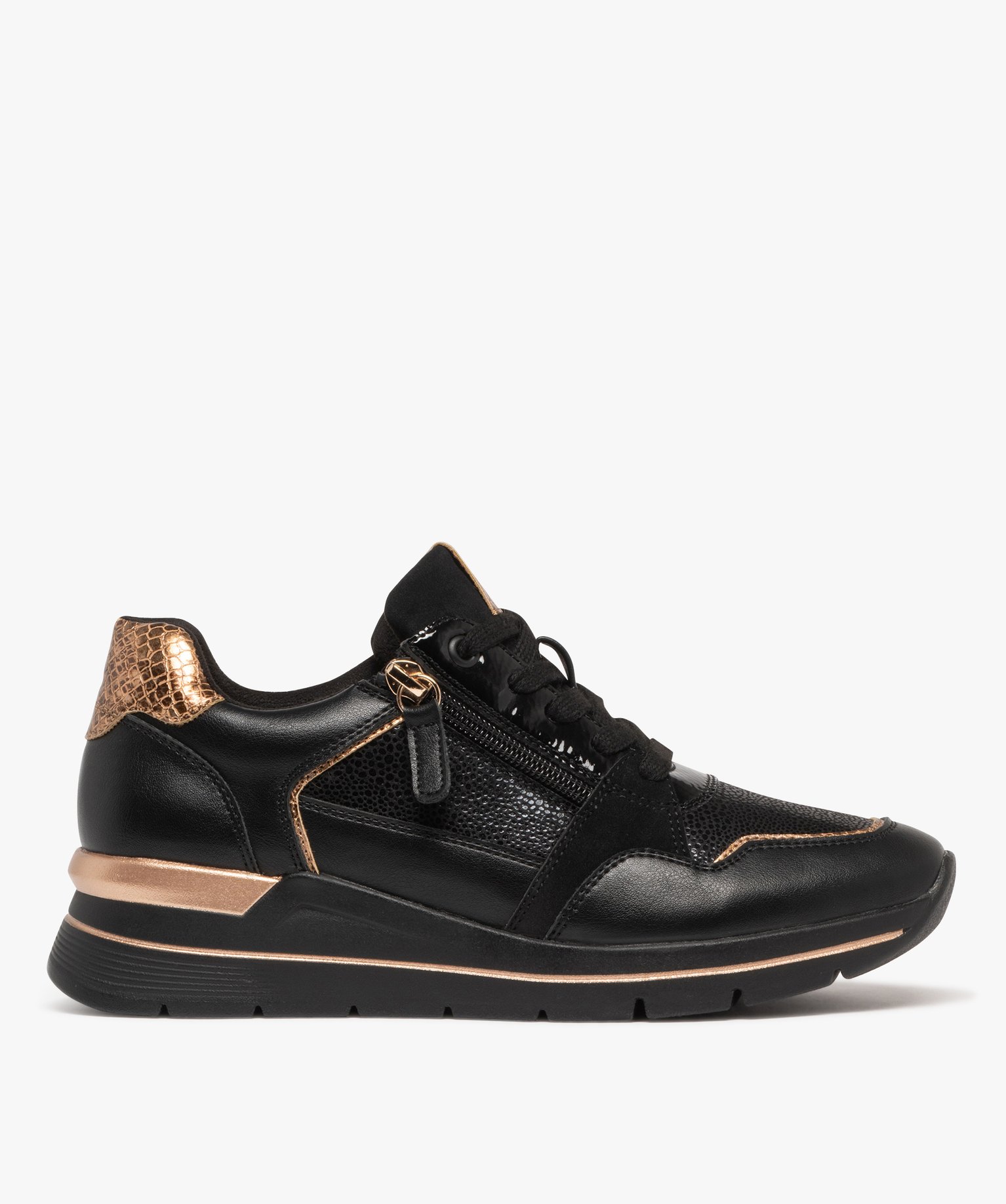 baskets femme compensees avec details effet croco et a zip lateral noir standard baskets compensees femme GEMO