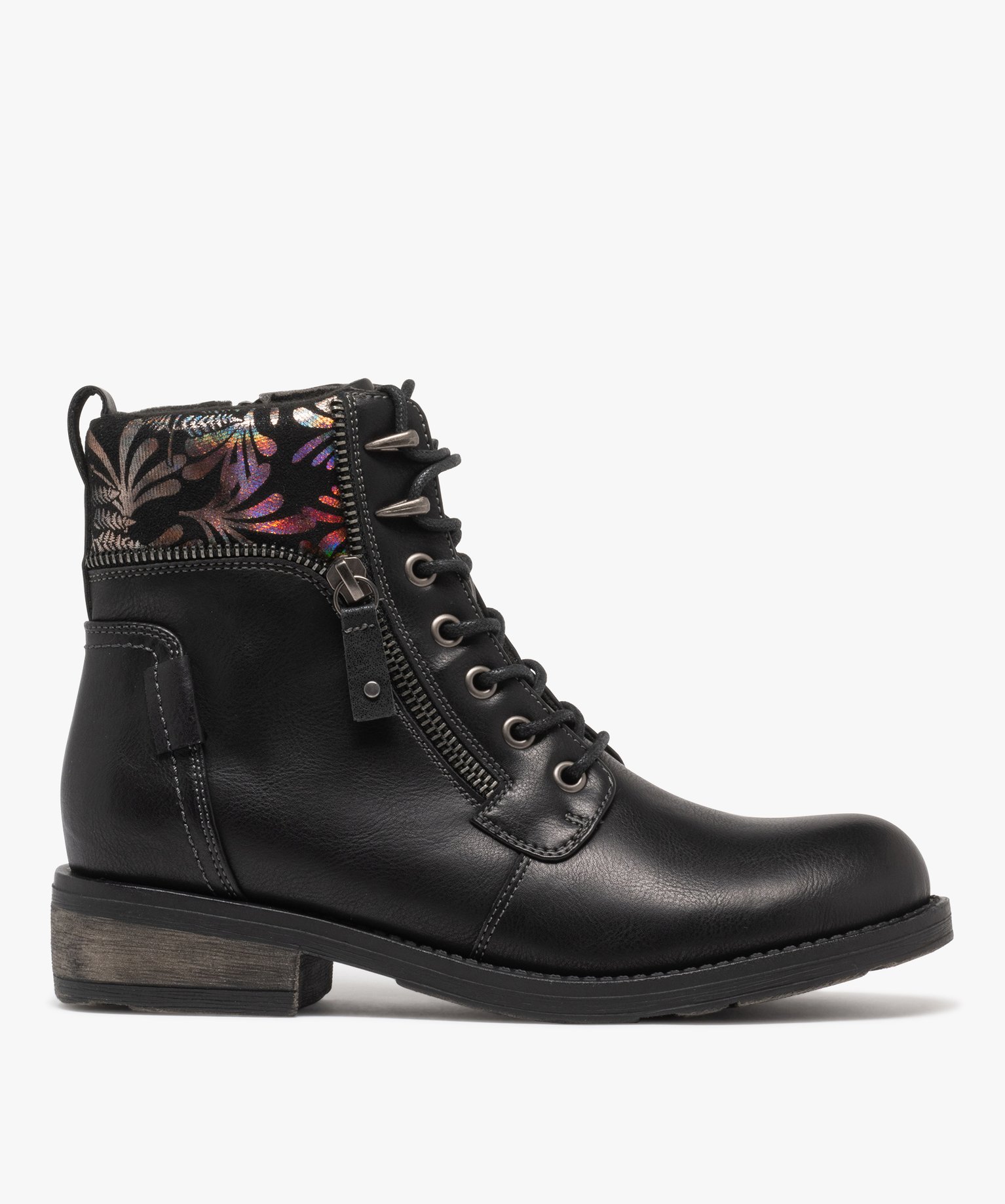 boots femme a lacets avec col fantaisie et zip noir standard bottines et boots femme GEMO