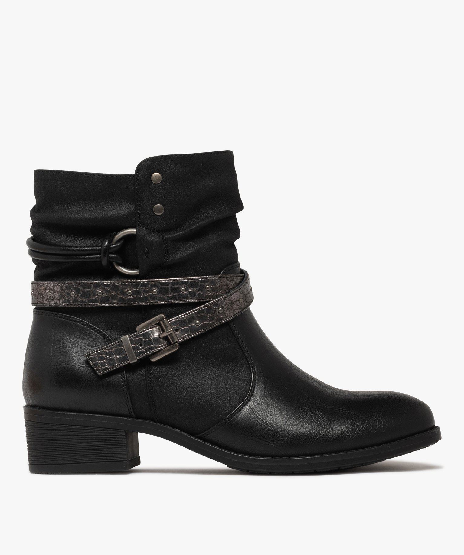 boots femme a petit talon avec col effet plisse et brides fantaisie noir standard