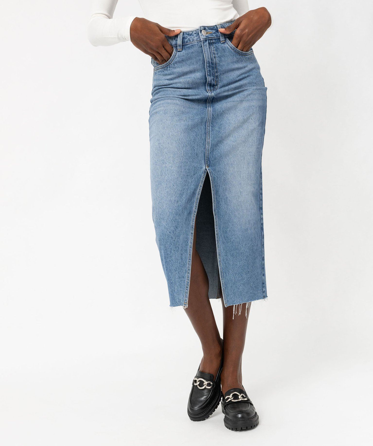 jupe en jean longue fendue devant femme bleu jupes en jean