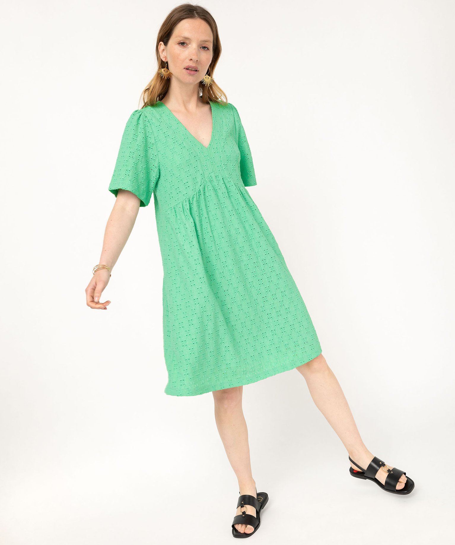 robe a manches courtes en maille ajouree femme vert