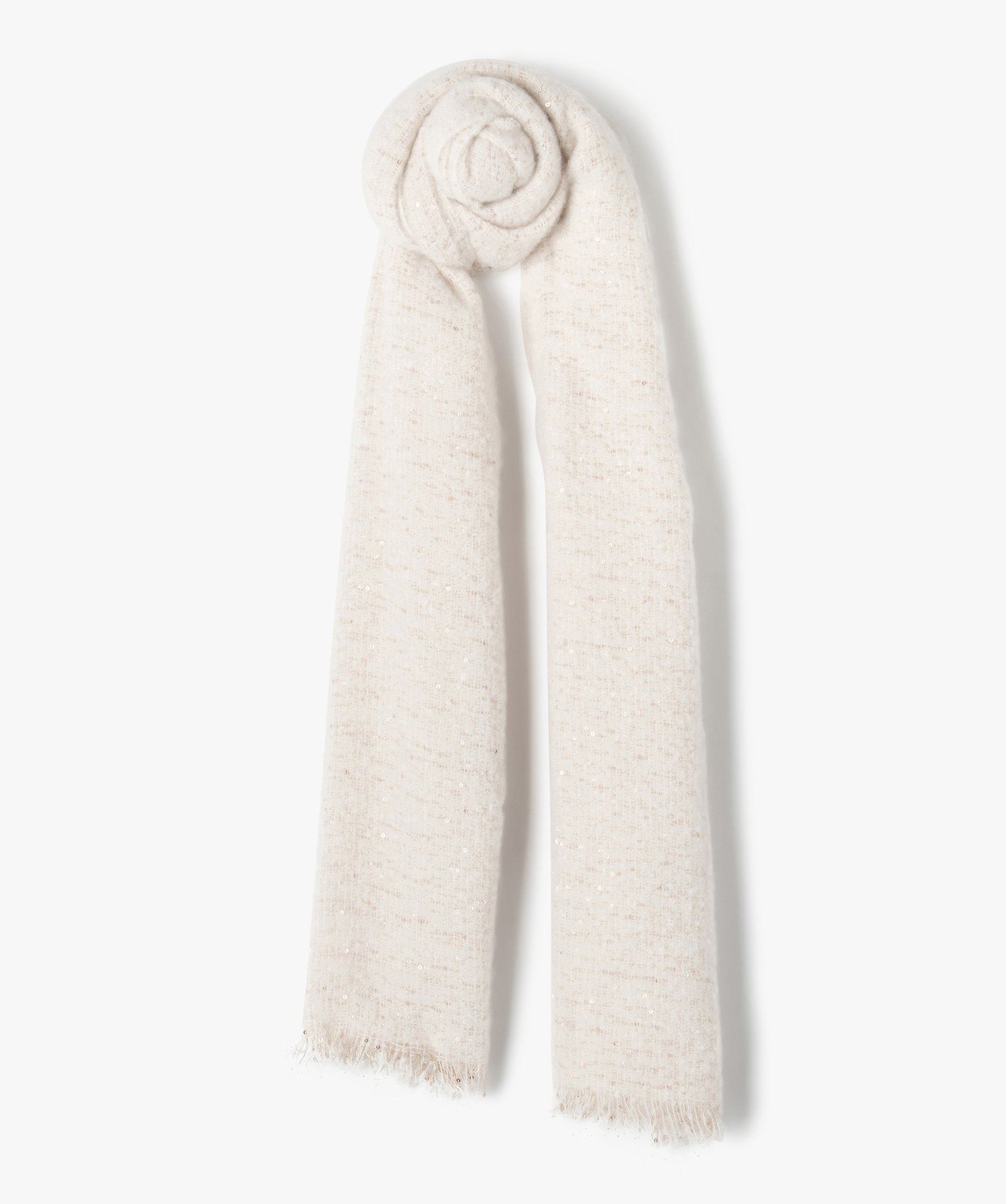 echarpe plaid avec sequins brodes femme beige bonnets echarpes gants