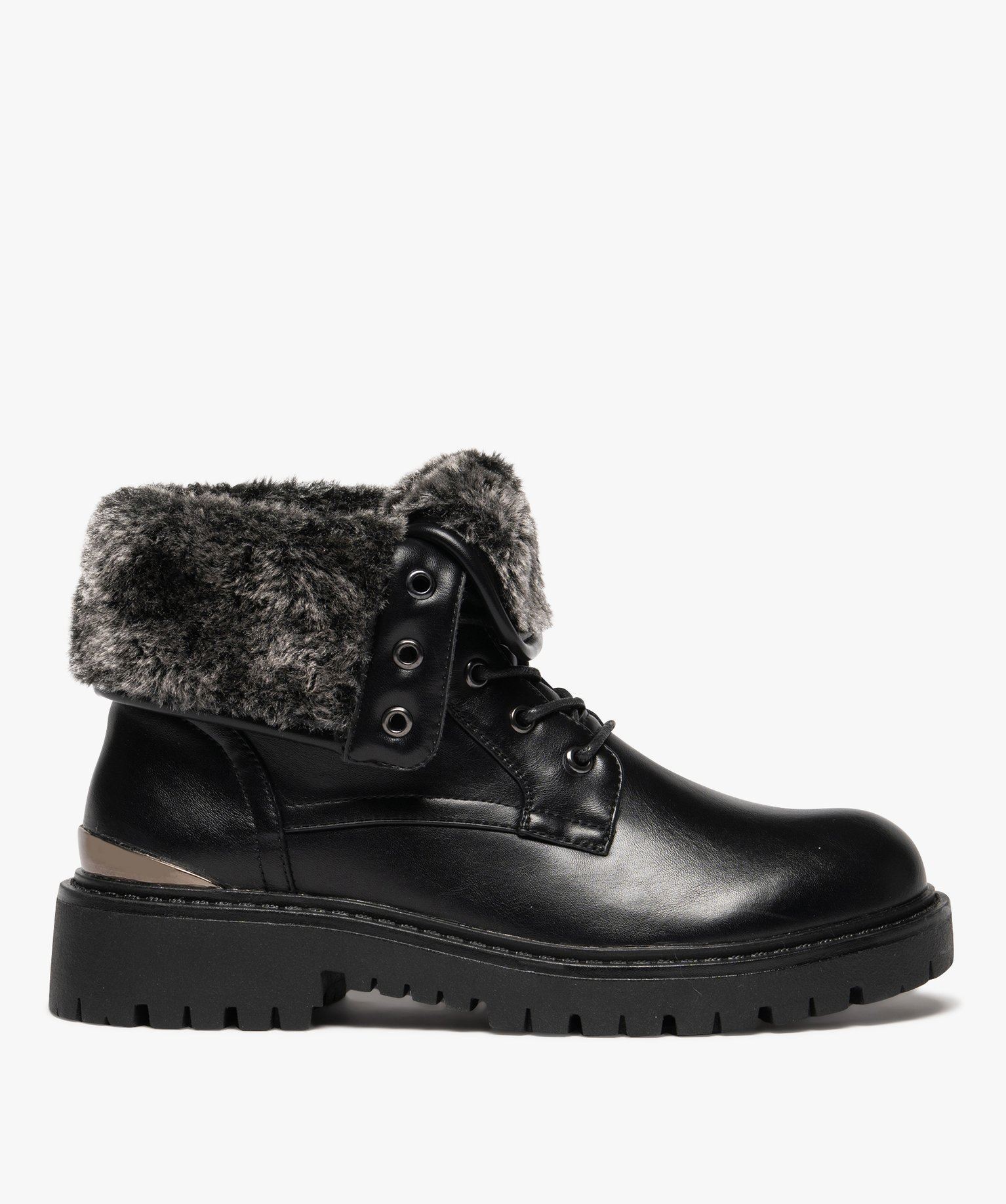 boots femme fourrees a col pression duveteux et semelle crantee noir standard bottines fourrees