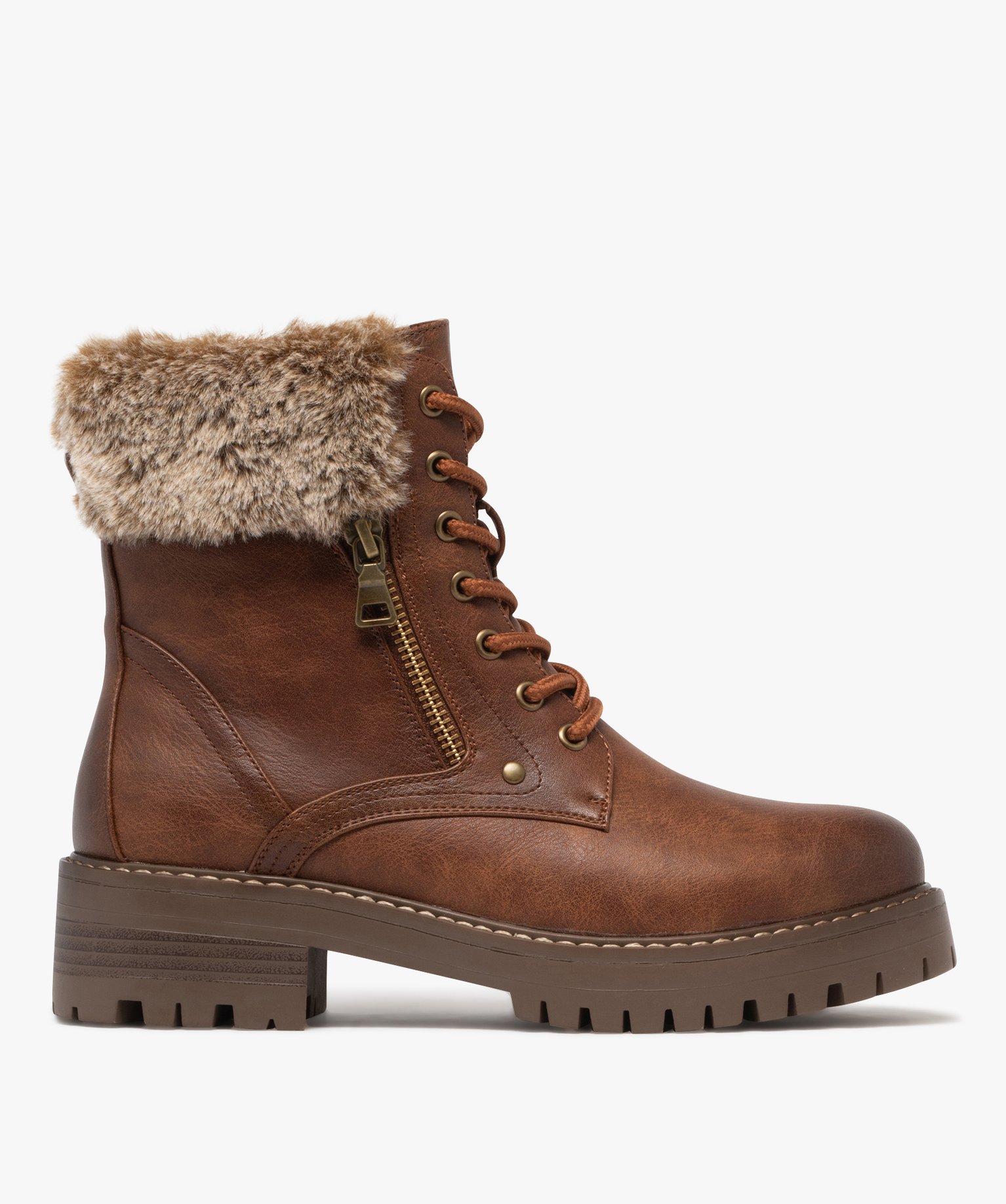 boots femme fourrees et crantees avec col duveteux a zip et a lacets brun bottines fourrees femme GEMO