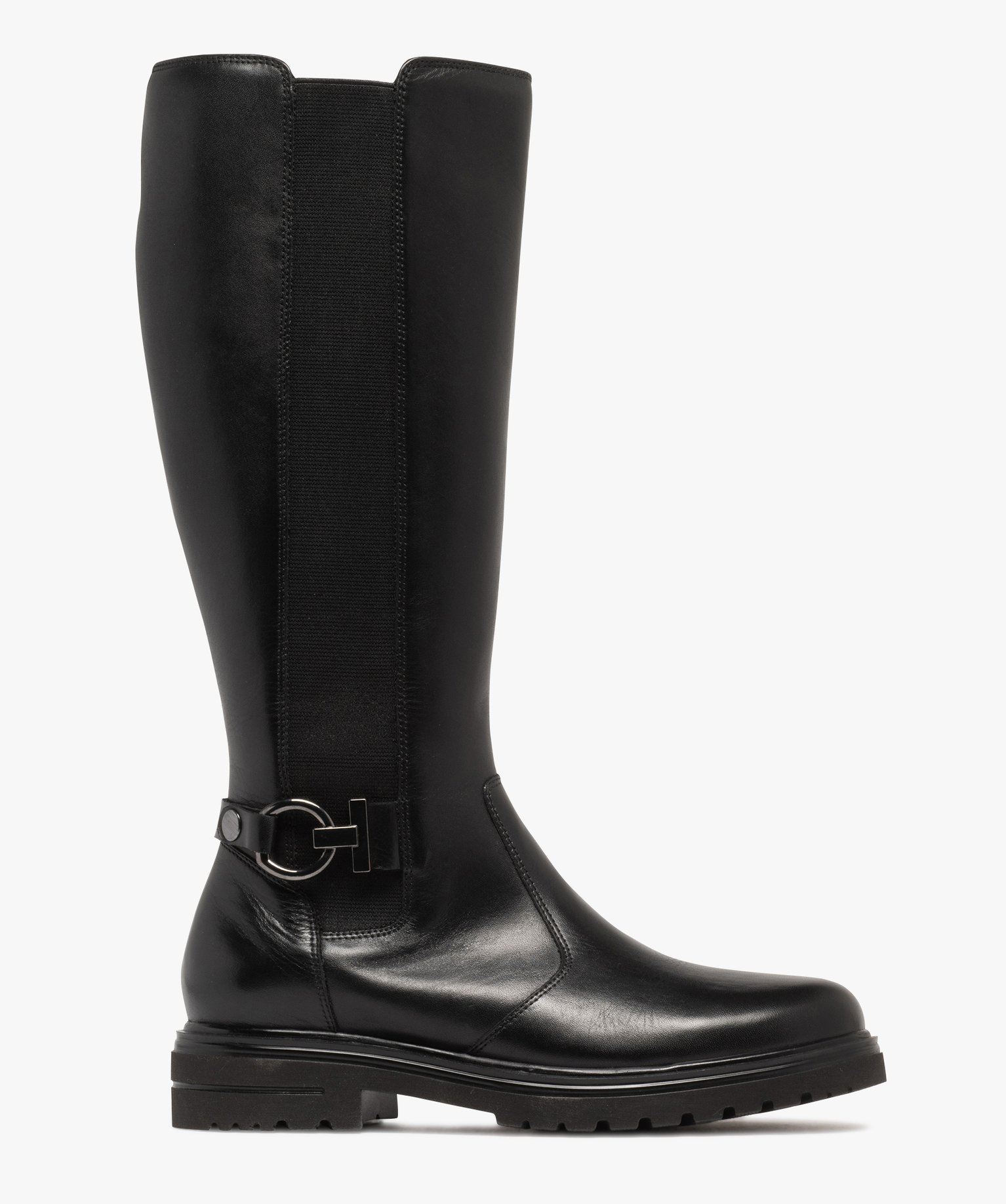 bottes femme montantes dessus en cuir avec bande elastique et bride fantaisie noir standard