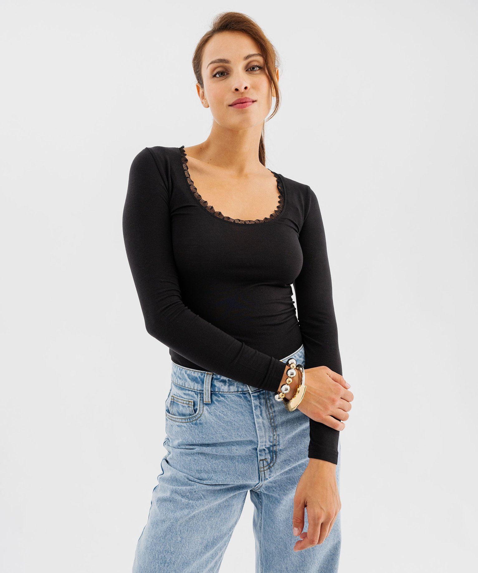 tee-shirt thermique a manches longues et col rond femme noir standard hauts de pyjama