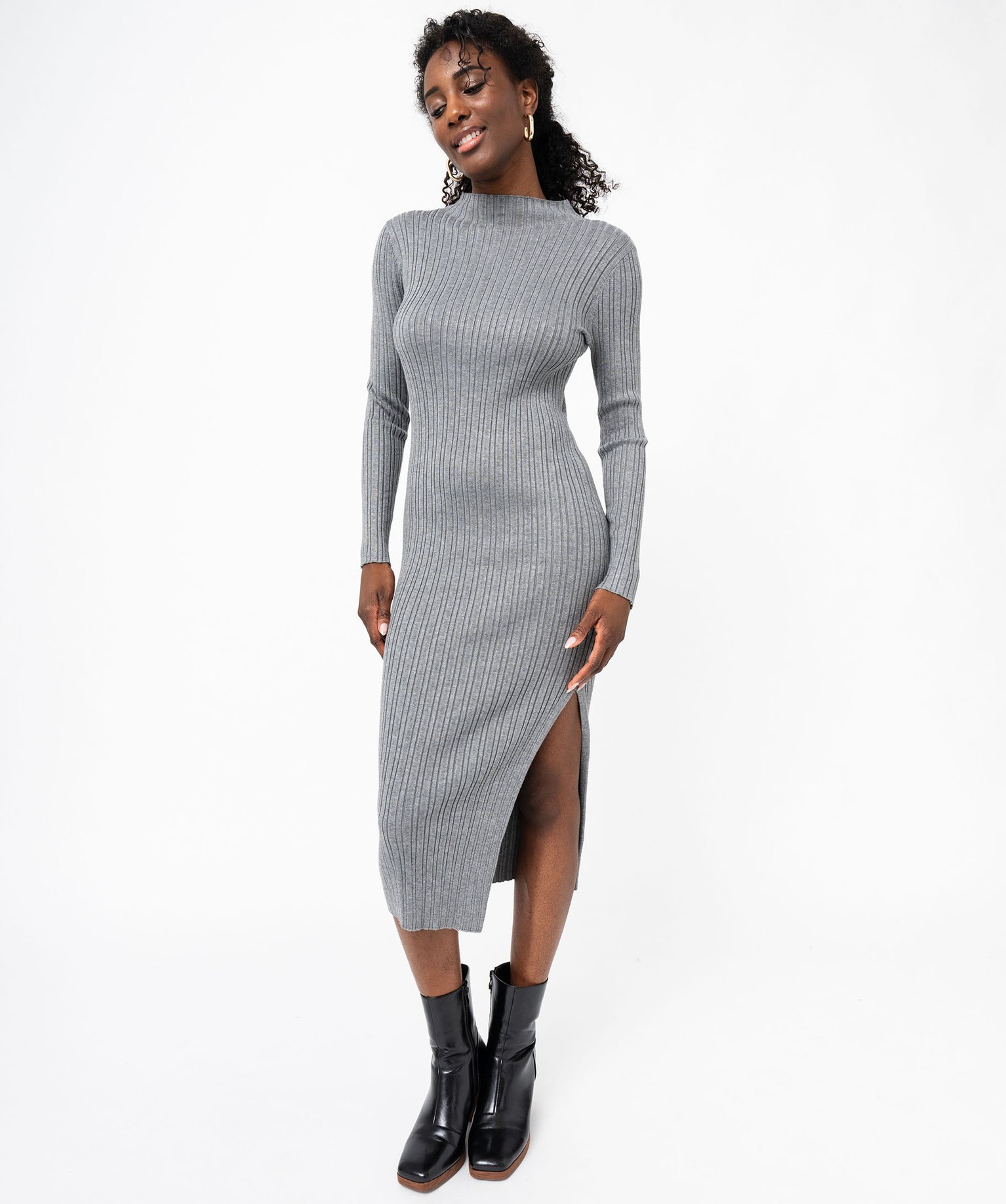 robe tube en maille cotelee a col montant femme gris robes femme GEMO
