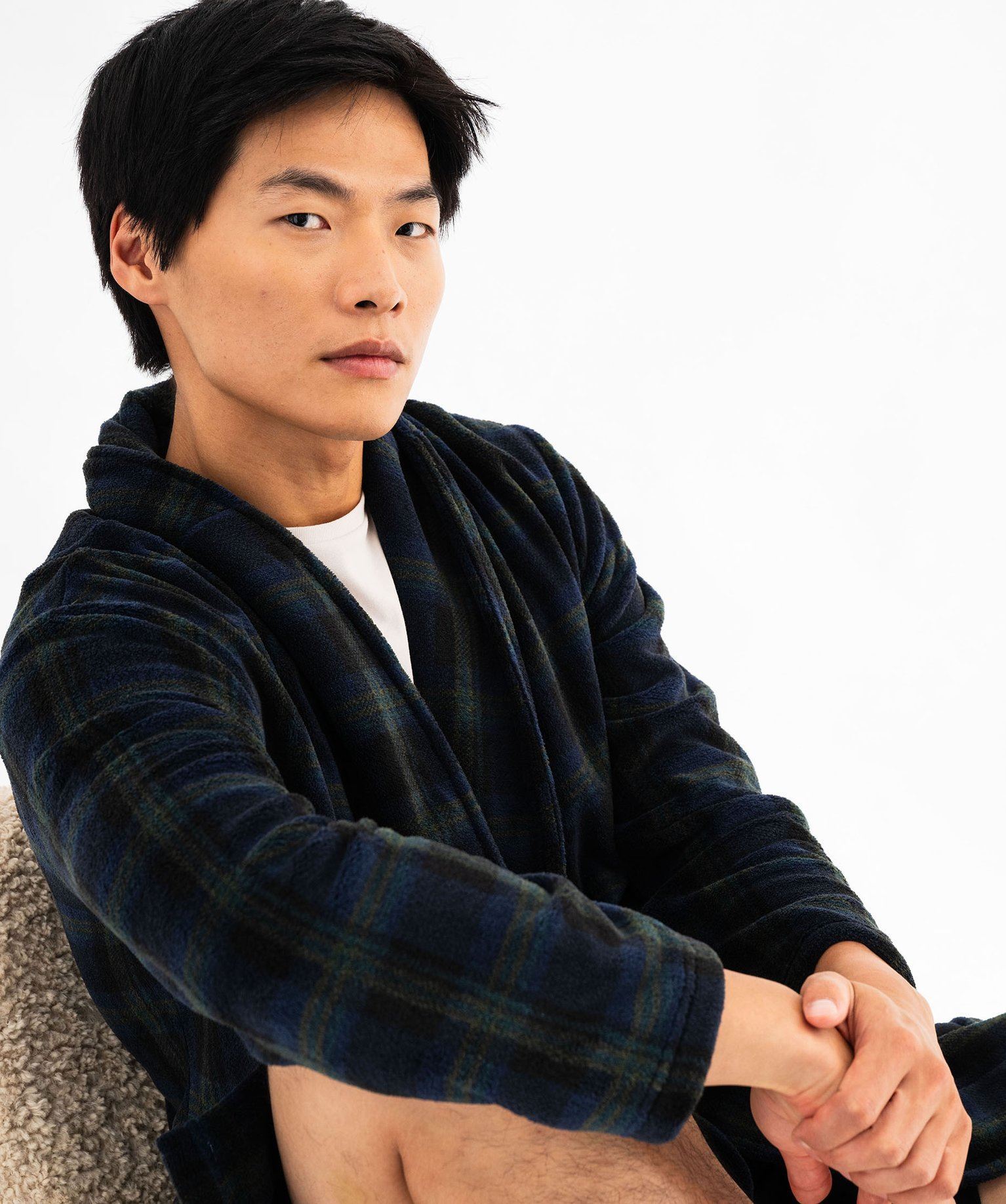 robe de chambre en velours motif tartan homme bleu