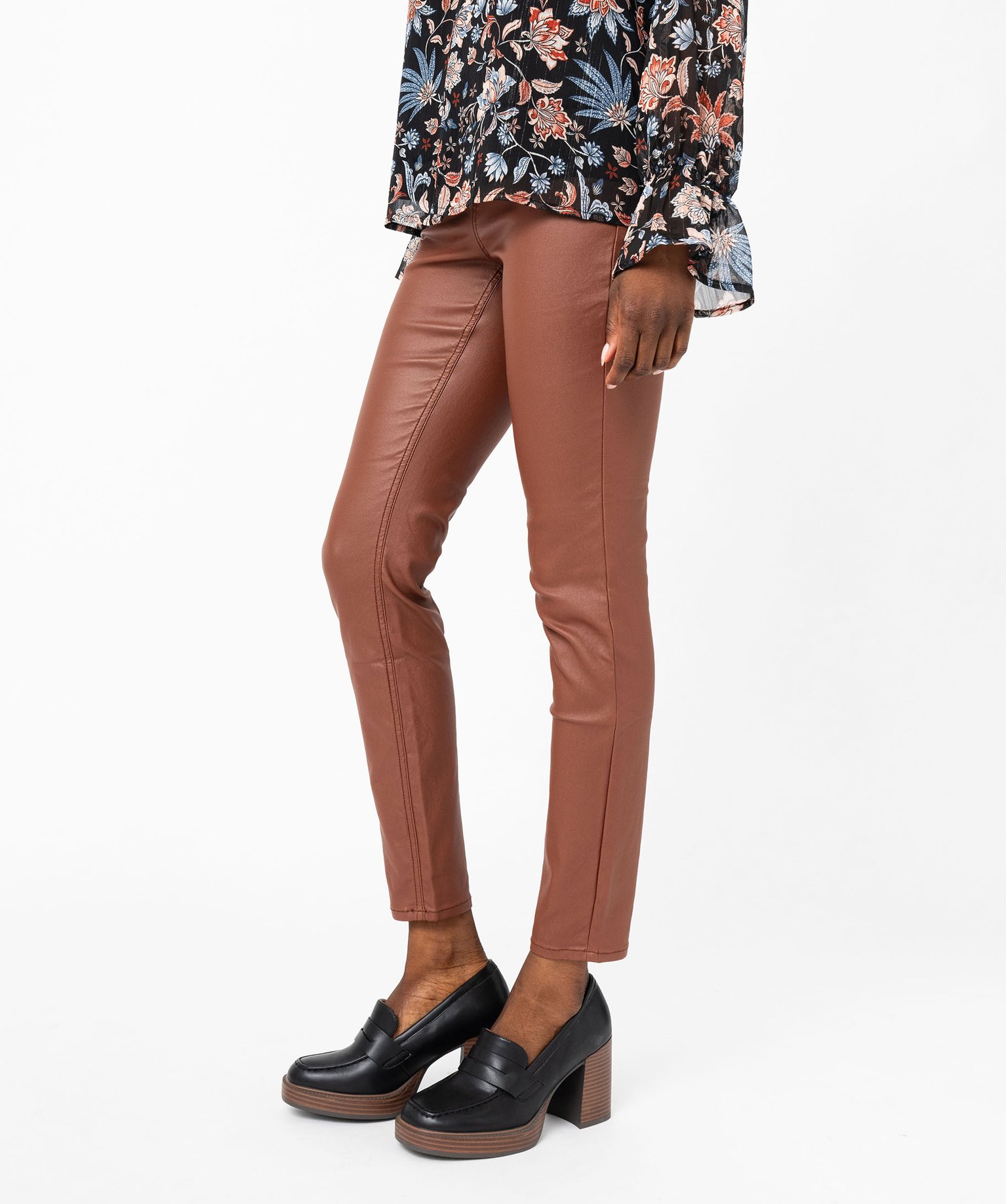 pantalon skinny enduit push up taille haute femme brun pantalons femme GEMO