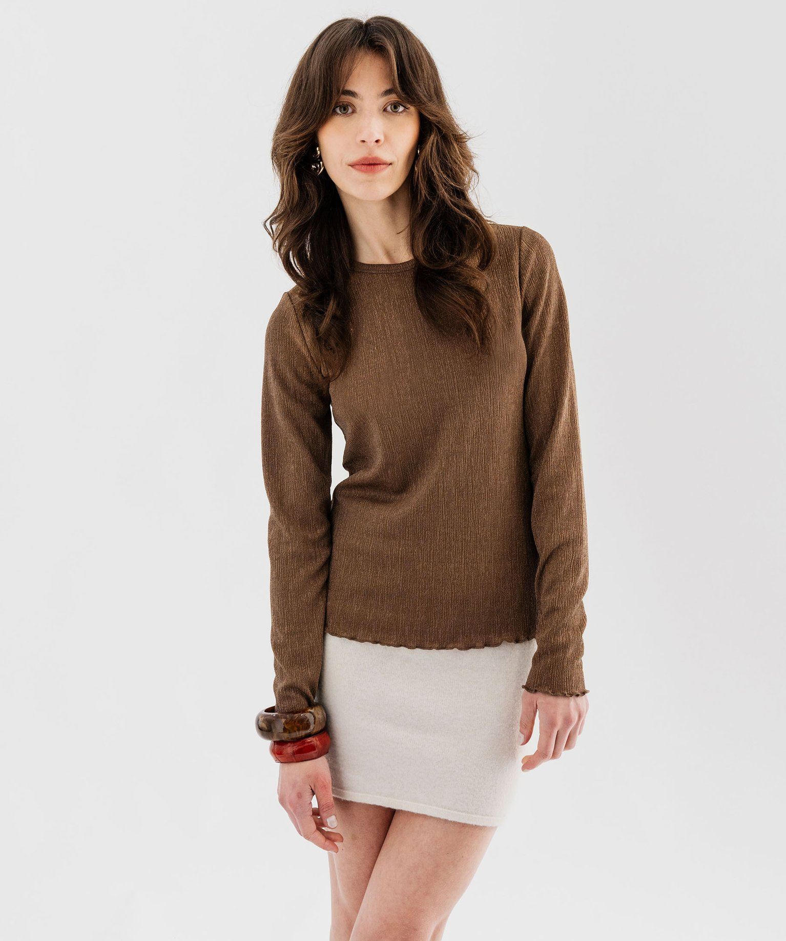 tee-shirt manches longues en maille cotelee pailletee femme beige t-shirts manches longues