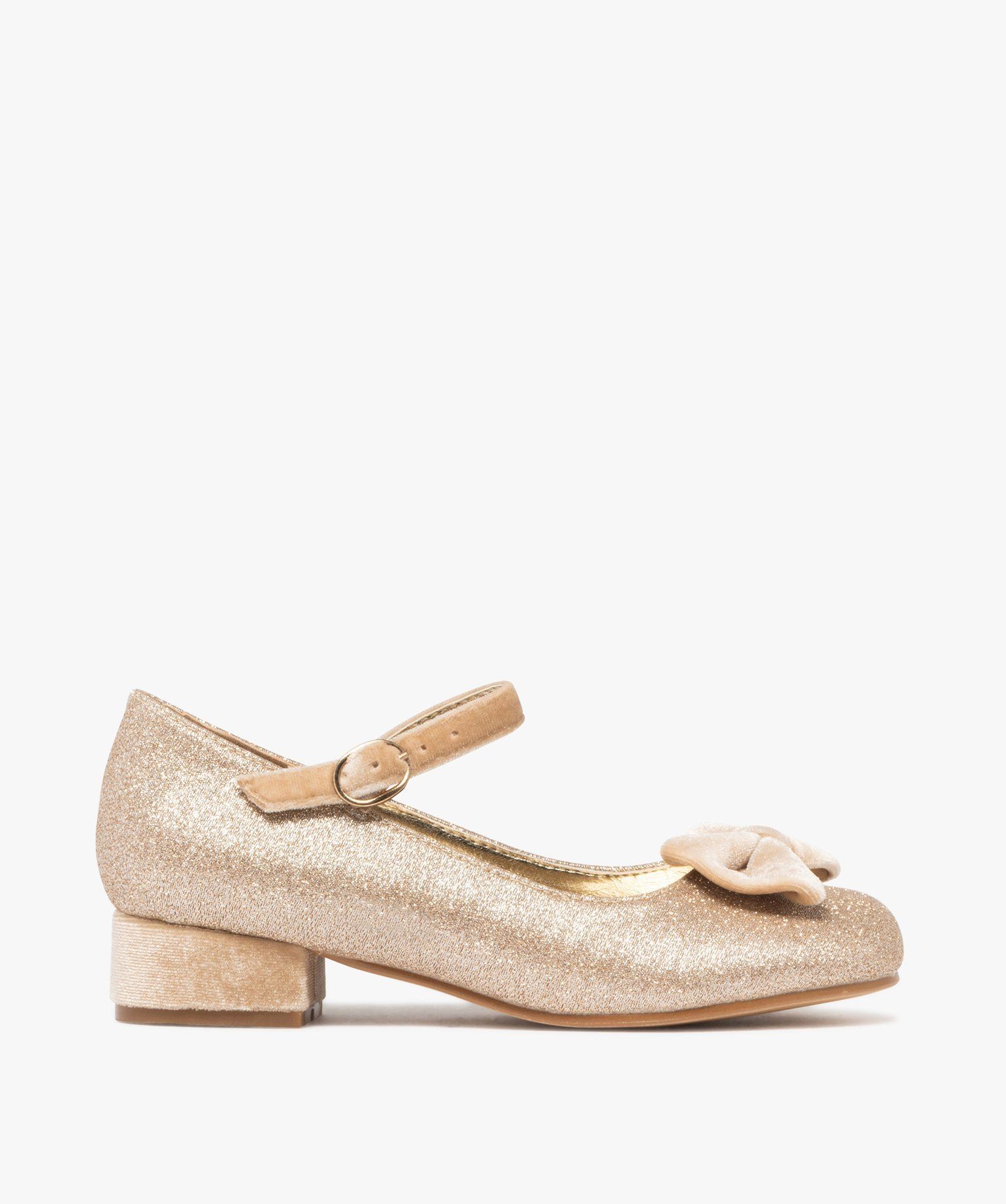 ballerines fille a paillettes avec noeud et petit talon suedes gold