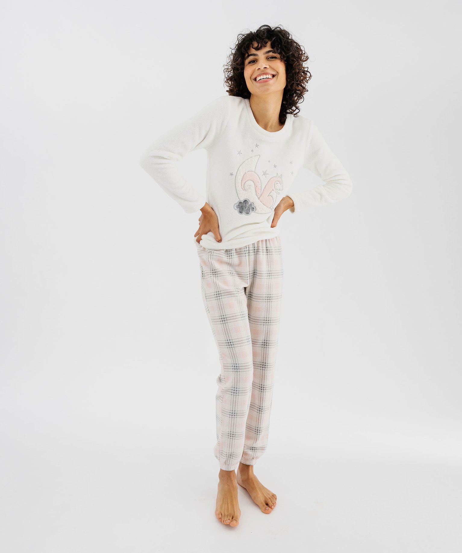 pyjama a carreaux en maille peluche douillette femme blanc pyjamas  ensembles vestes