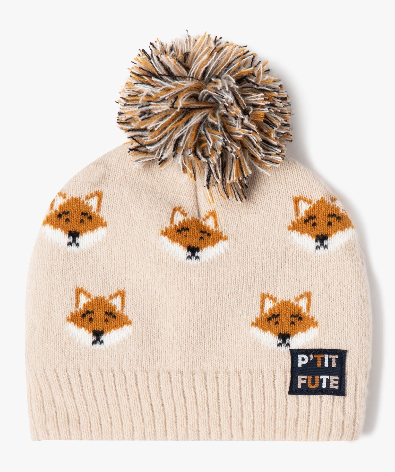 bonnet a pompon a motifs renards bebe beige standard