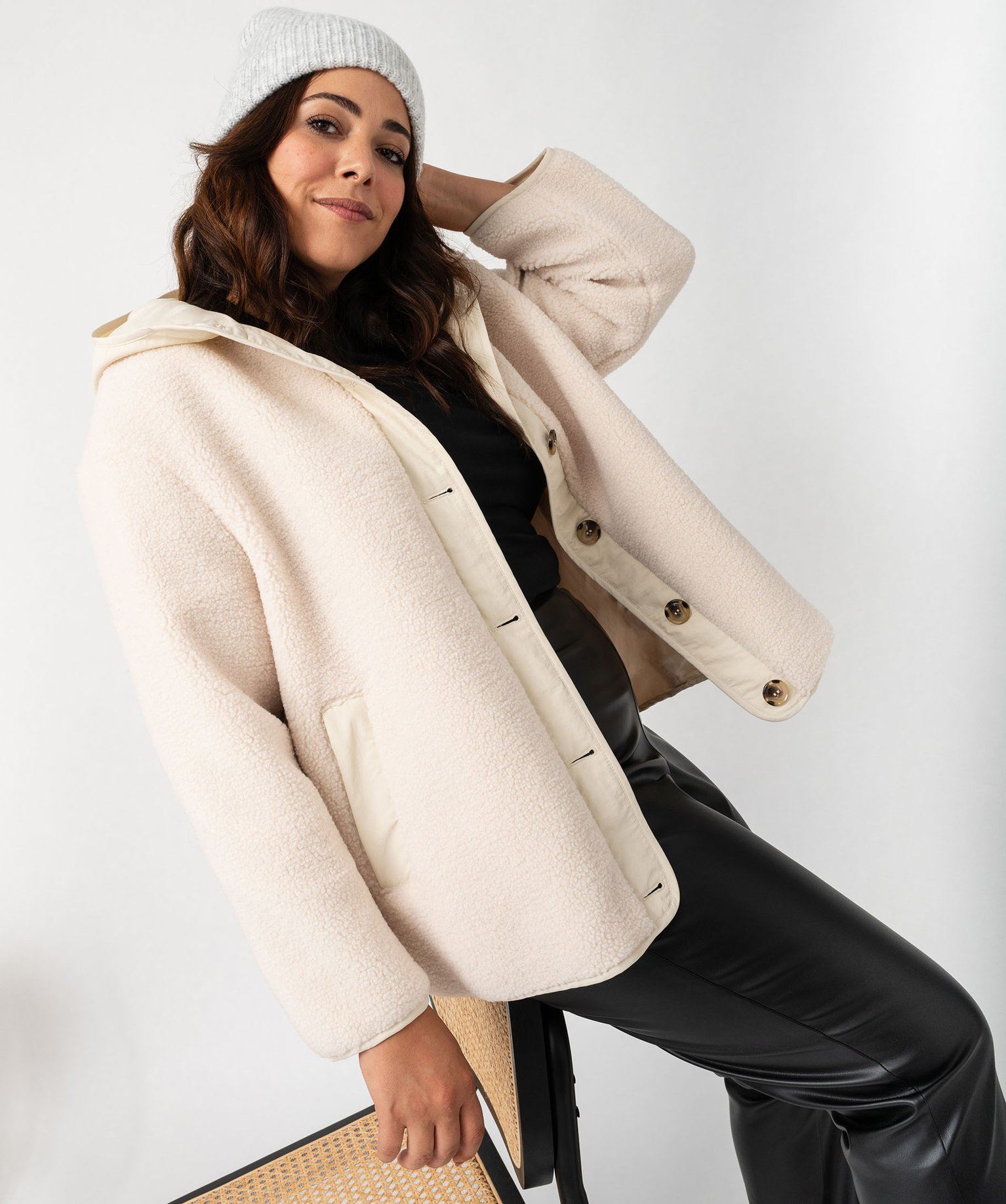 manteau a capuche en sherpa et toile femme beige vestes et manteaux