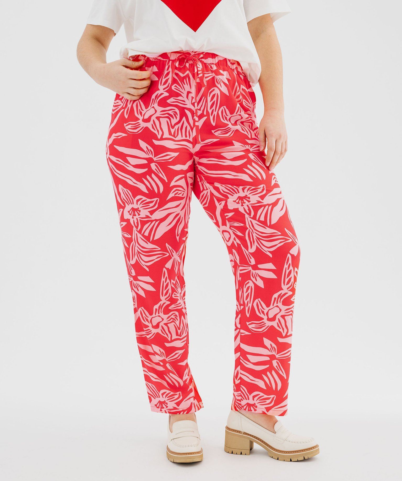 pantalon fluide a motifs fleuris femme grande taille rouge pantalons