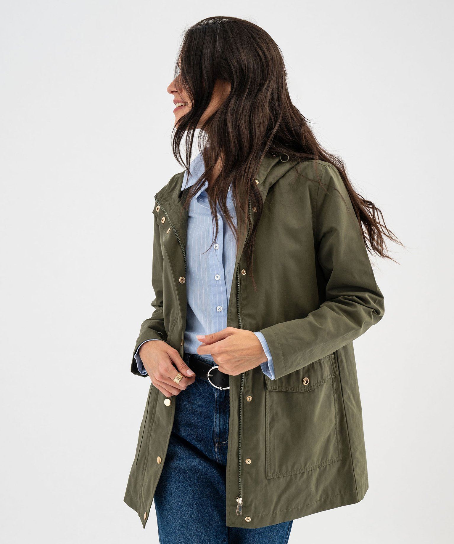 parka a capuche avec boutons metalliques femme kaki standard manteaux